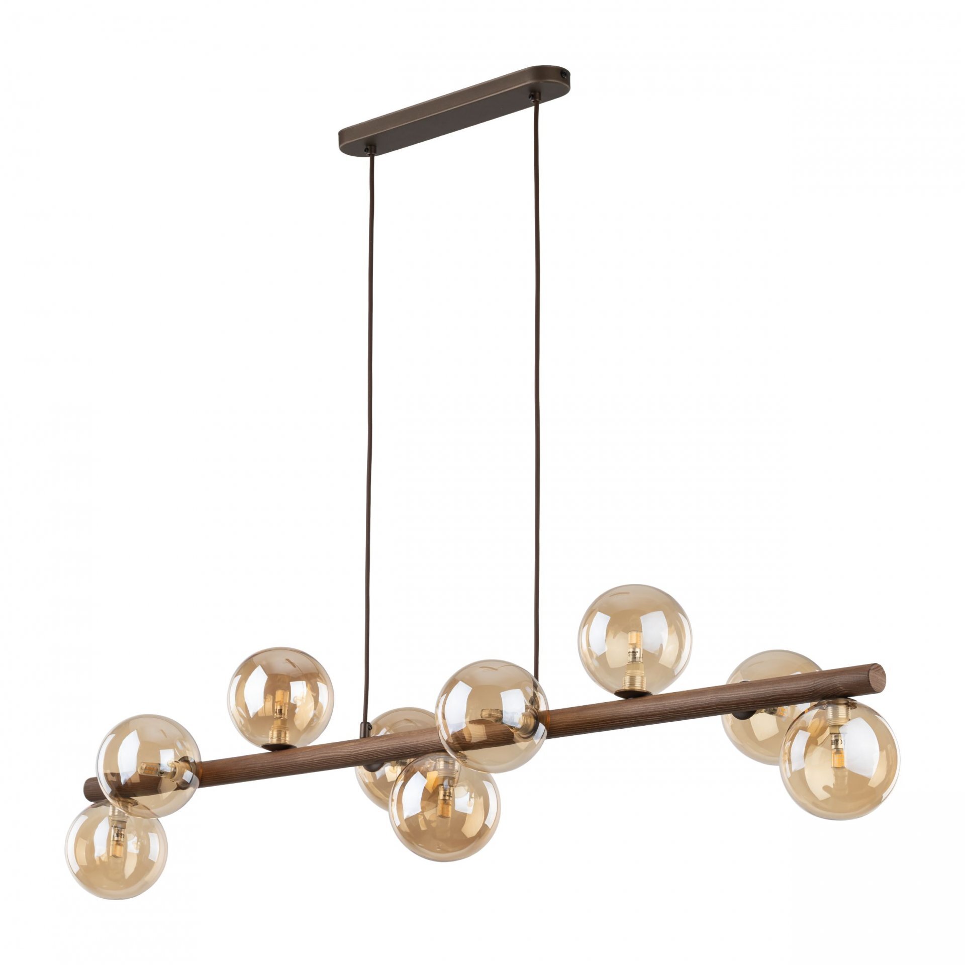 Lampa wisząca z dziewięcioma bursztynowymi kloszami na drewnianej belce, zawieszona na dwóch ciemnych przewodach. Konstrukcja umożliwia regulację wysokości.