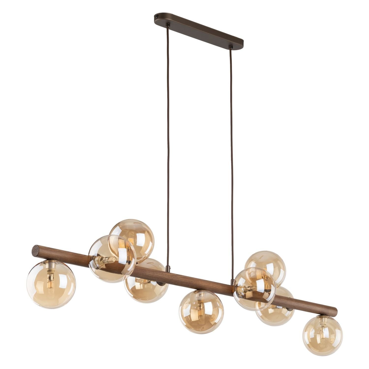 Lampa wisząca z bursztynowymi szklanymi kloszami zamontowanymi na drewnianej belce. Konstrukcja zawieszona na dwóch ciemnych przewodach z możliwością regulacji wysokości.