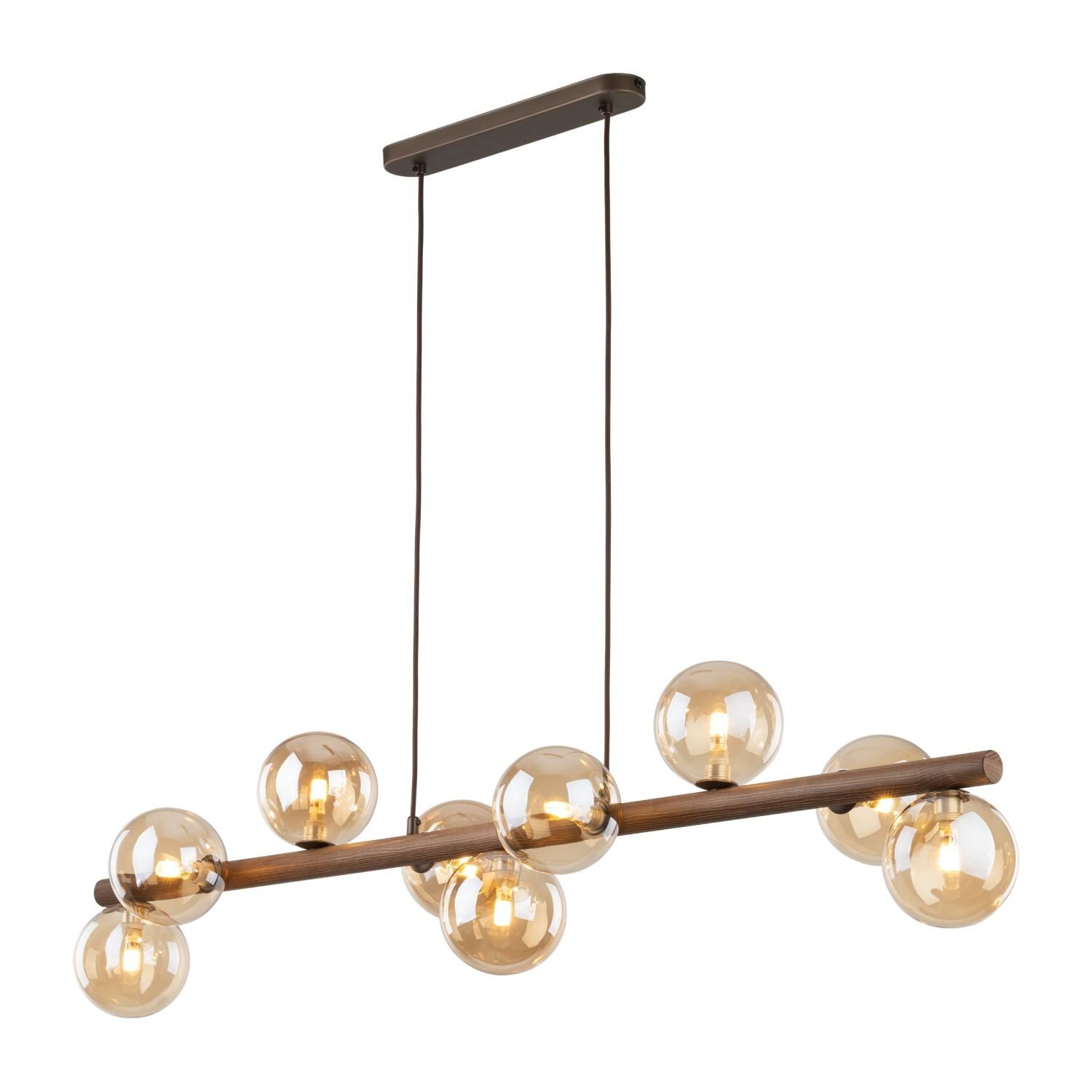 Lampa wisząca z dziewięcioma bursztynowymi kloszami na brązowej, drewnianej belce. Posiada regulację wysokości i styl glamour.