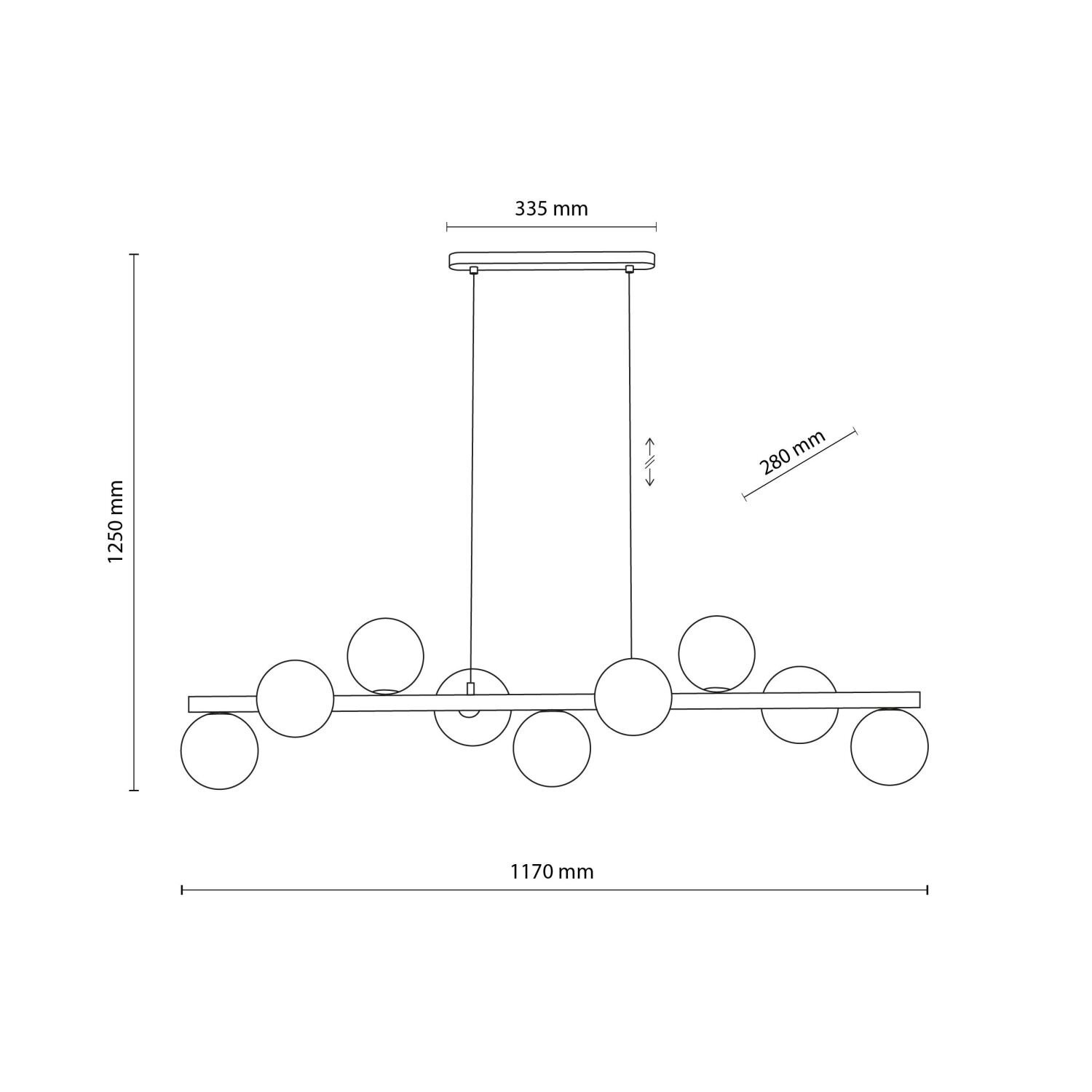 Schemat lampy wiszącej z dziewięcioma kulistymi kloszami rozmieszczonymi na poziomej belce. Wymiary: 1250 mm wysokości, 1170 mm szerokości, 335 mm długości belki, 280 mm odległości między kloszami.