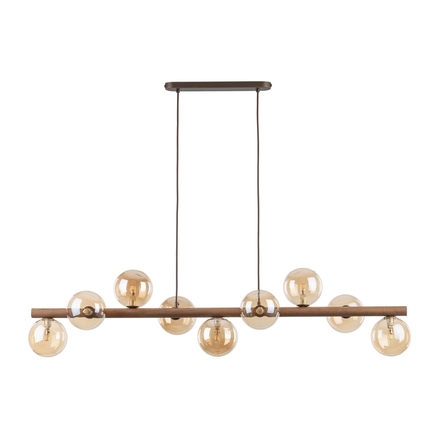 Lampa wisząca z dziewięcioma bursztynowymi kloszami w kształcie kul, zamontowana na poziomej, brązowej belce z drewna. Konstrukcja zawieszona jest na dwóch ciemnych przewodach, umożliwiających regulację wysokości.