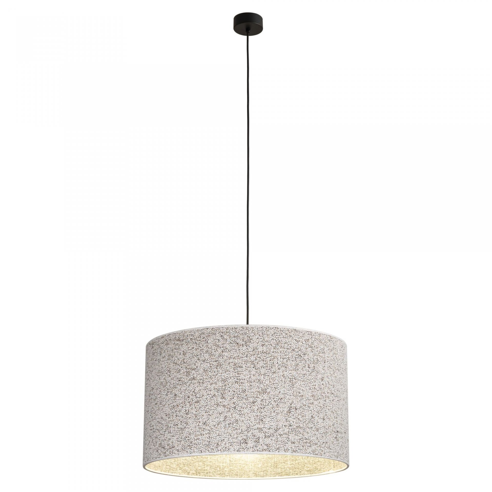 Lampa wisząca z cylindrycznym kloszem w jasnym kolorze, zawieszona na cienkim czarnym przewodzie. Klosz ma teksturowaną powierzchnię i jest otwarty od dołu.