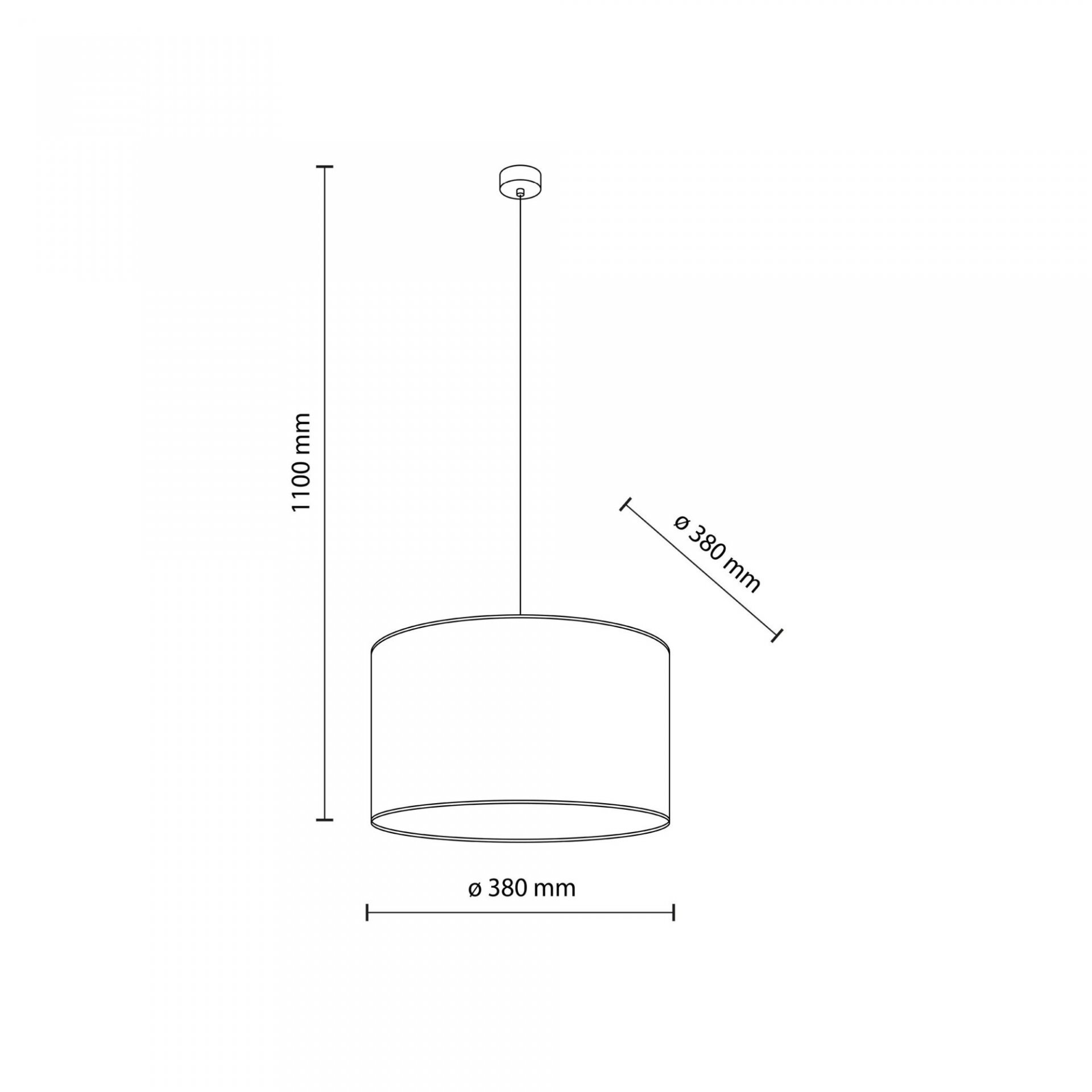Schematyczny rysunek lampy wiszącej z cylindrycznym kloszem o średnicy 380 mm i wysokości całkowitej 1100 mm. Widoczne są linie wymiarowe z oznaczeniami \'ø 380 mm\' i \'1100 mm\'.