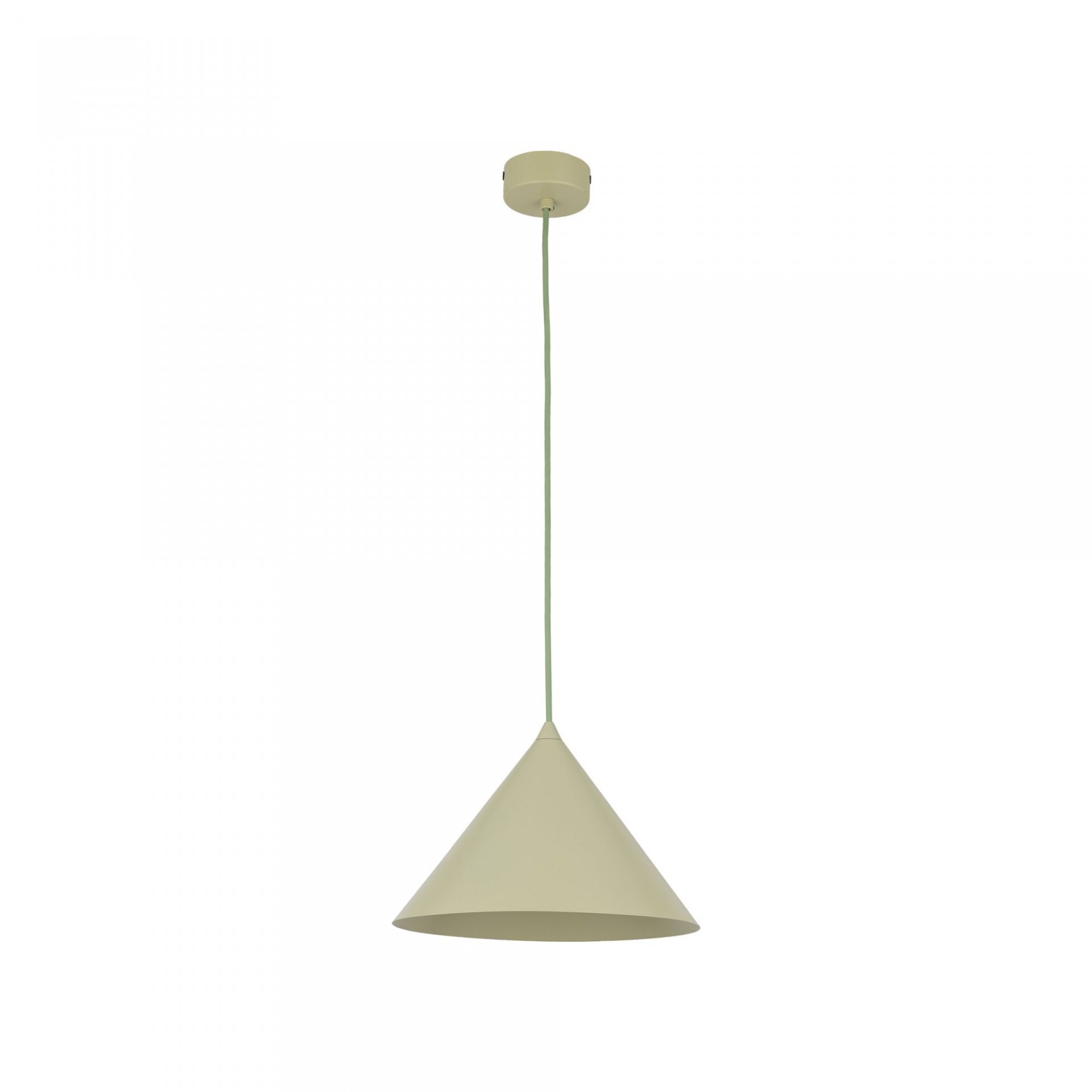 Na obrazie widoczna jest lampa wisząca o stożkowym kloszu w kolorze pistacjowym, zawieszona na cienkim przewodzie. Klosz wykonany jest z lakierowanej stali.