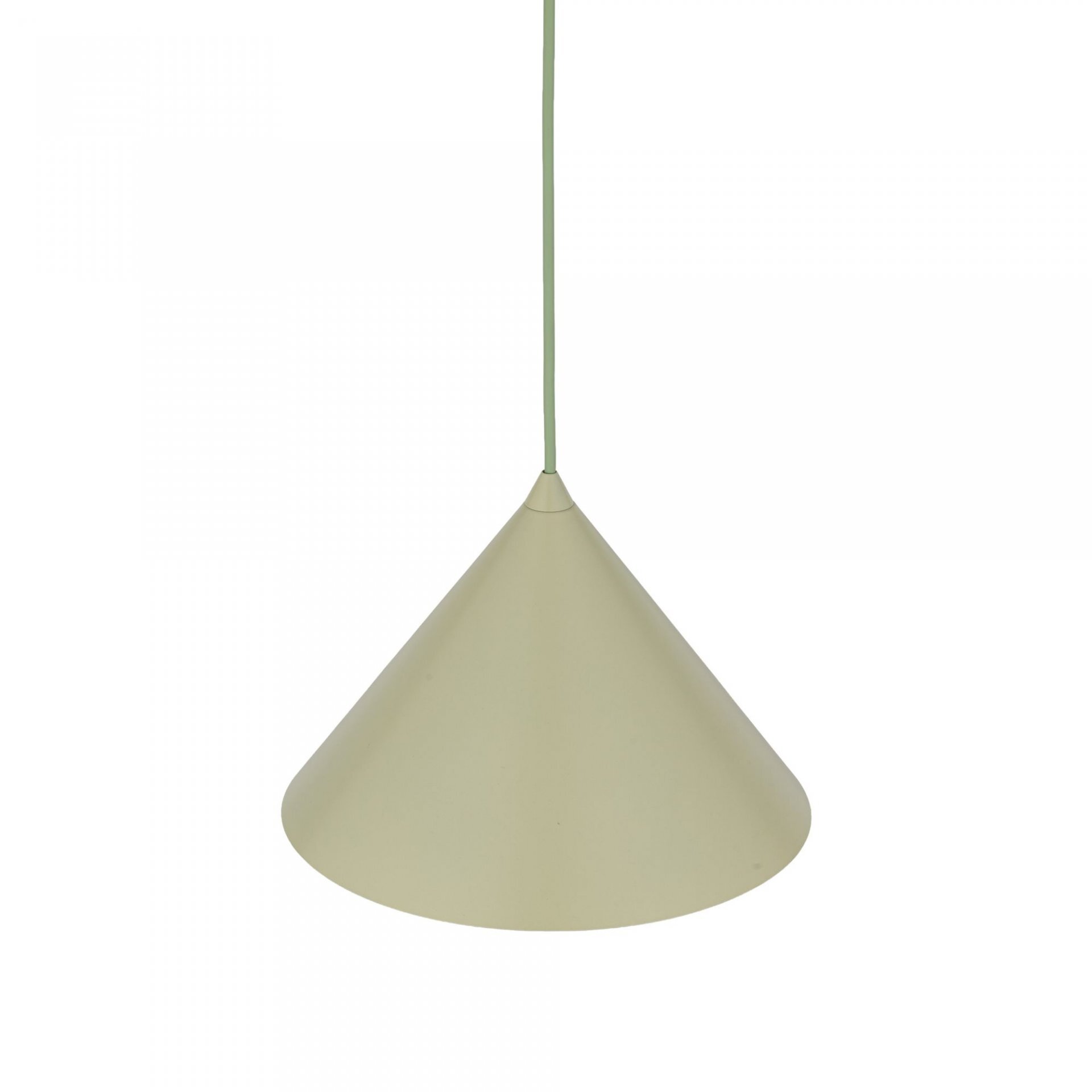 Lampa wisząca w kształcie stożka, wykonana z lakierowanej stali w kolorze pistacjowym. Posiada regulowany przewód do zawieszenia.