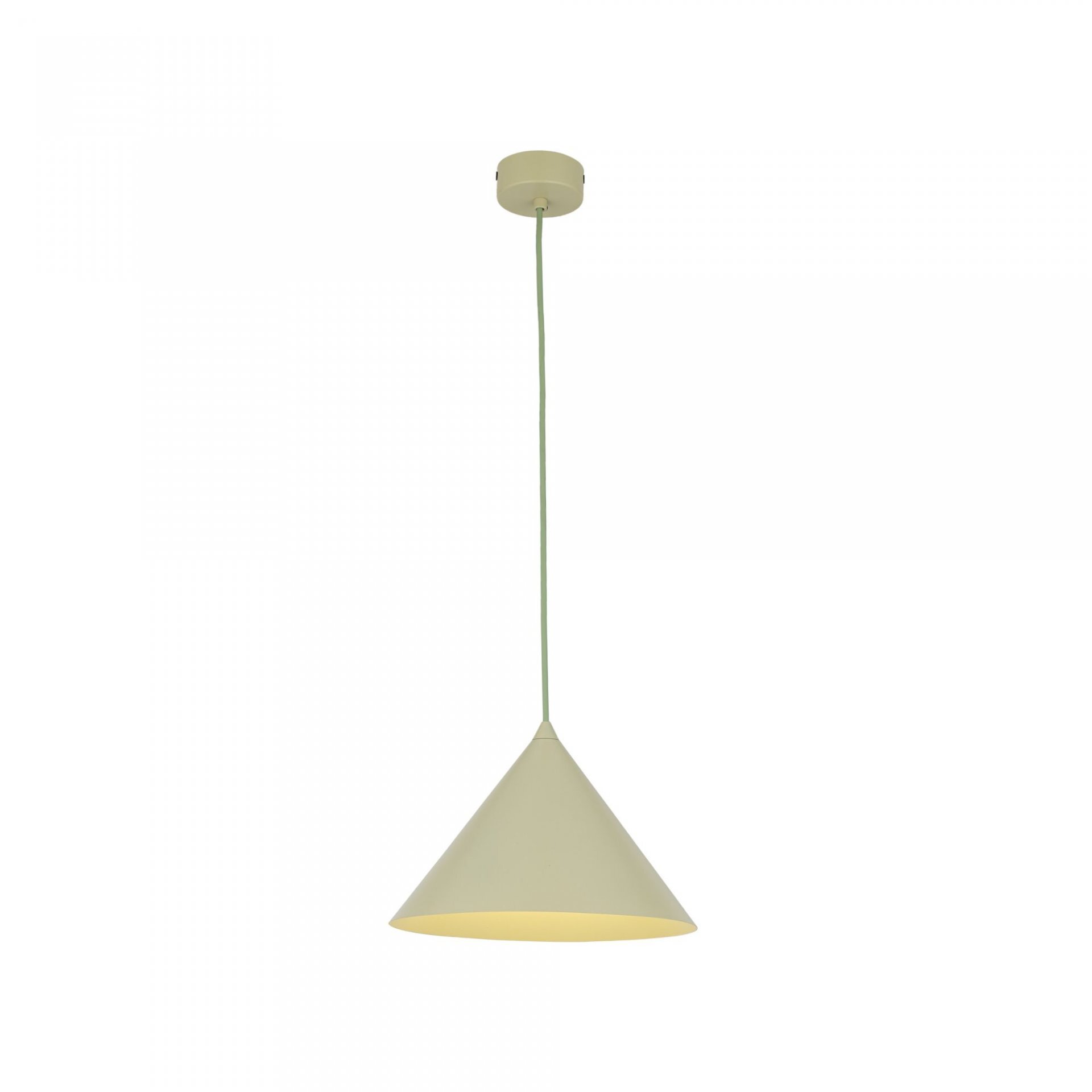 Lampa wisząca w kształcie stożka, w kolorze pistacjowym, z regulowanym przewodem. Wykonana ze stali lakierowanej.