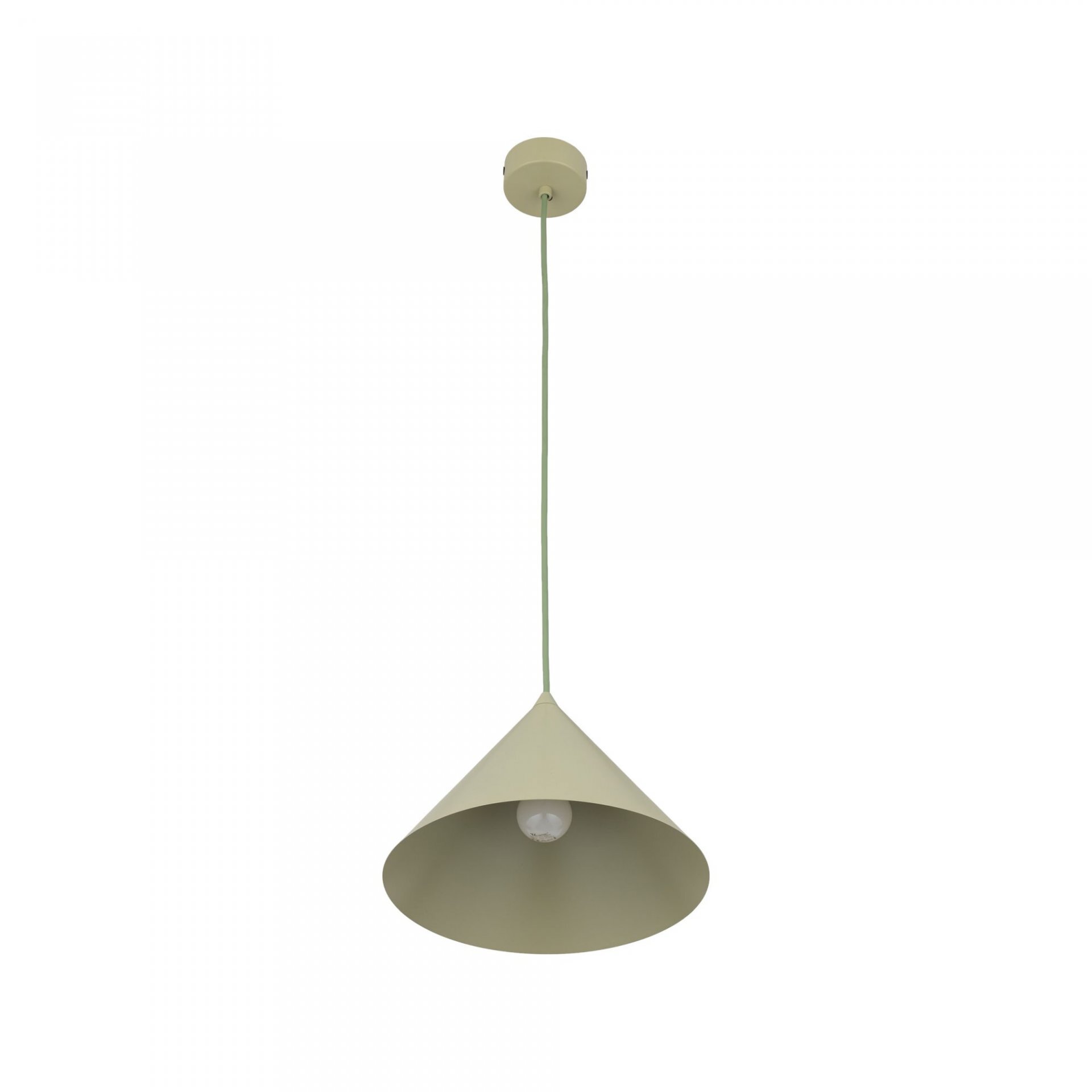 Lampa wisząca w kształcie stożka, wykonana z lakierowanej stali w kolorze pistacjowym, z widoczną żarówką wewnątrz. Posiada regulowany przewód umożliwiający dostosowanie wysokości zawieszenia.