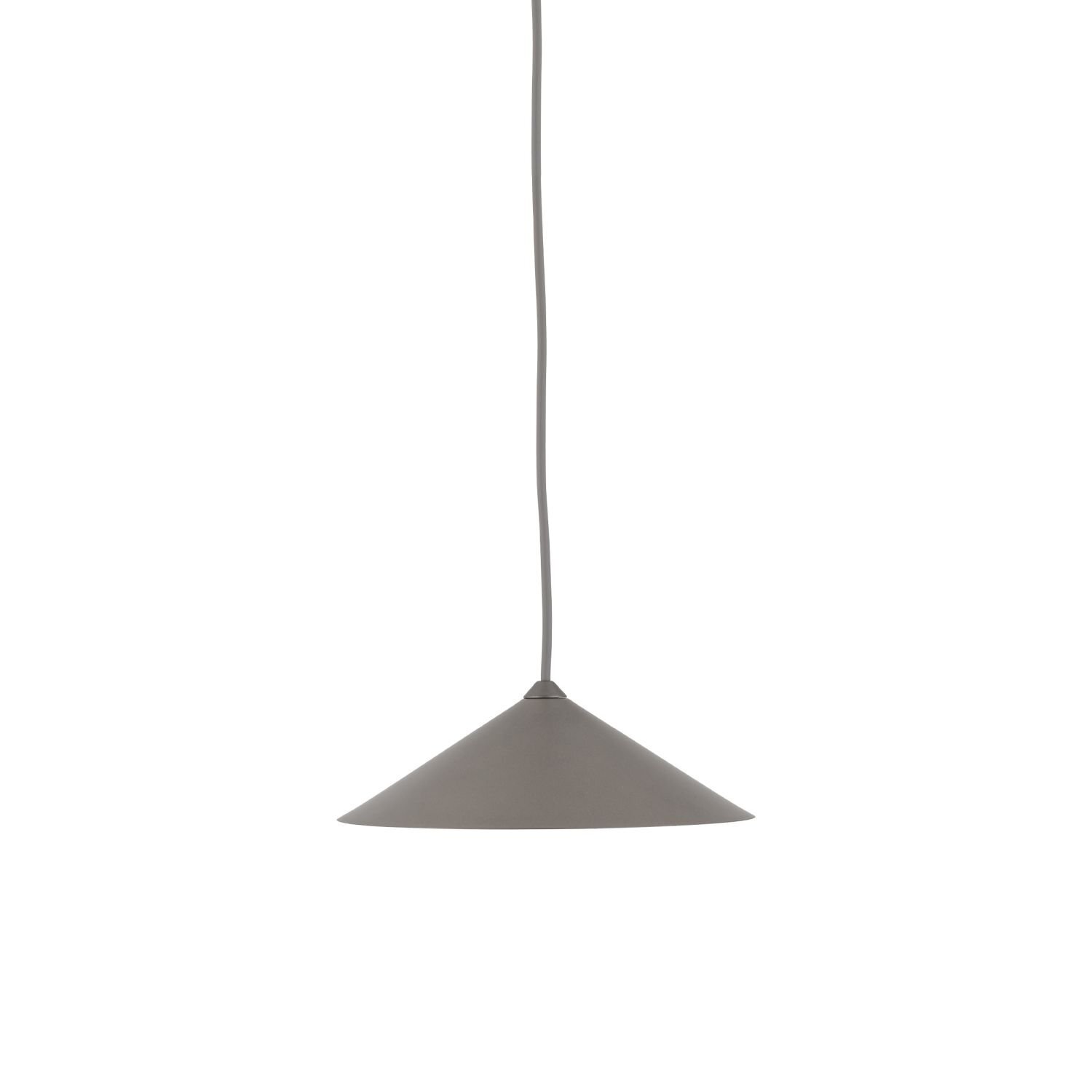 Brązowa, stożkowa lampa wisząca z długim przewodem. Wykonana z metalu, bez widocznych ozdób lub detali.