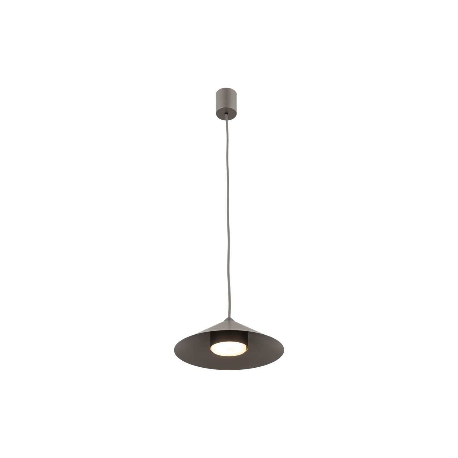 Brązowa lampa wisząca z metalowym kloszem w kształcie stożka, zawieszona na cienkim przewodzie. Lampa posiada widoczne źródło światła w centralnej części klosza.