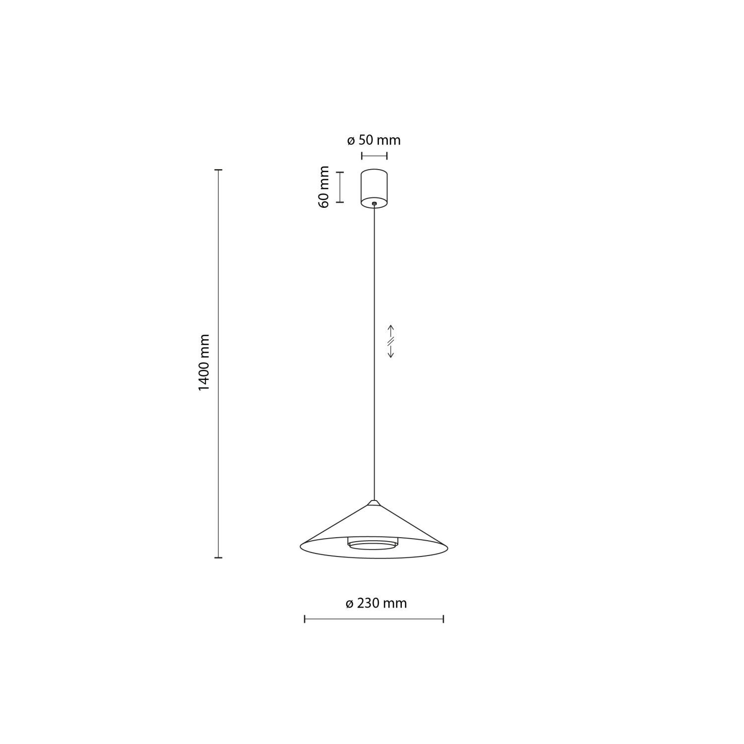 Schemat lampy wiszącej z wymiarami: wysokość regulowana do 1400 mm, średnica klosza 230 mm, średnica mocowania 50 mm, wysokość mocowania 60 mm. Lampa ma kształt stożka z możliwością regulacji wysokości zawieszenia.