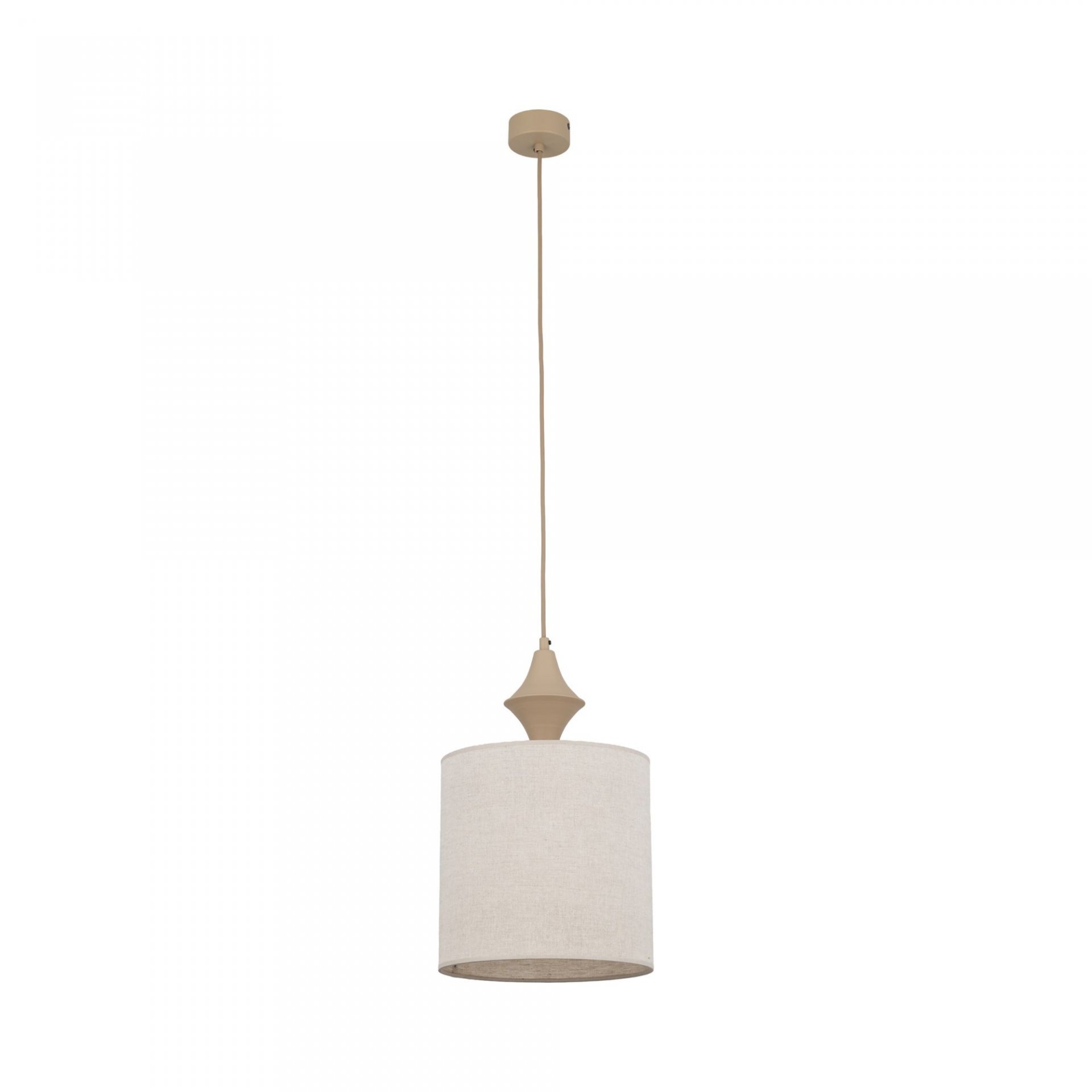 Lampa wisząca z beżowym, cylindrycznym abażurem wykonanym z lnu, zawieszona na długim przewodzie. Elementy mocujące i dekoracyjne są w kolorze beżowym.