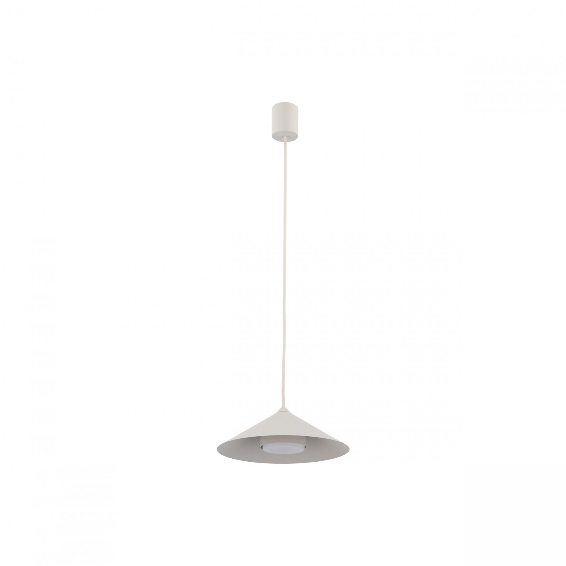 Na obrazie widoczna jest beżowa lampa wisząca o stożkowym kloszu, zawieszona na cienkim przewodzie. Lampa ma prosty, nowoczesny design.