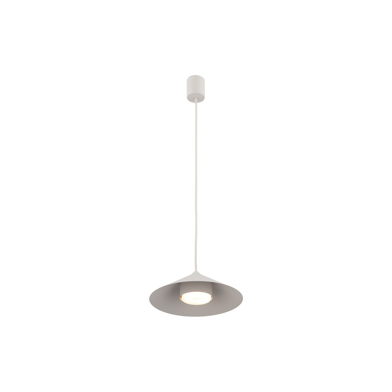 Na obrazie widoczna jest nowoczesna lampa wisząca w kolorze beżowym z okrągłym kloszem i białym przewodem. Lampa jest zawieszona na suficie i emituje światło z centralnego punktu.