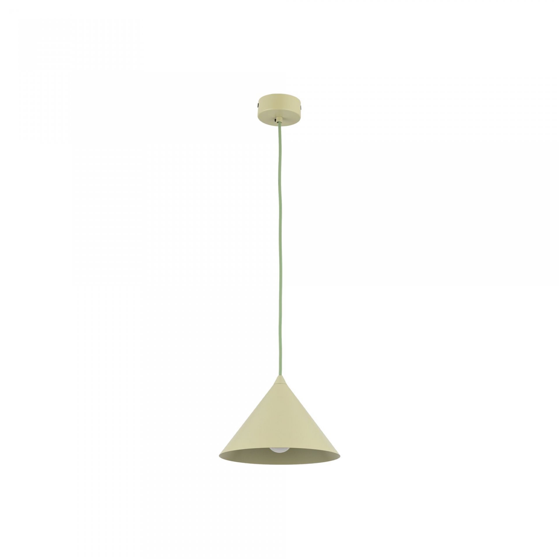 Lampa wisząca w kształcie stożka w kolorze pistacjowym, zawieszona na cienkim przewodzie. Widoczna jest żarówka wewnątrz klosza.