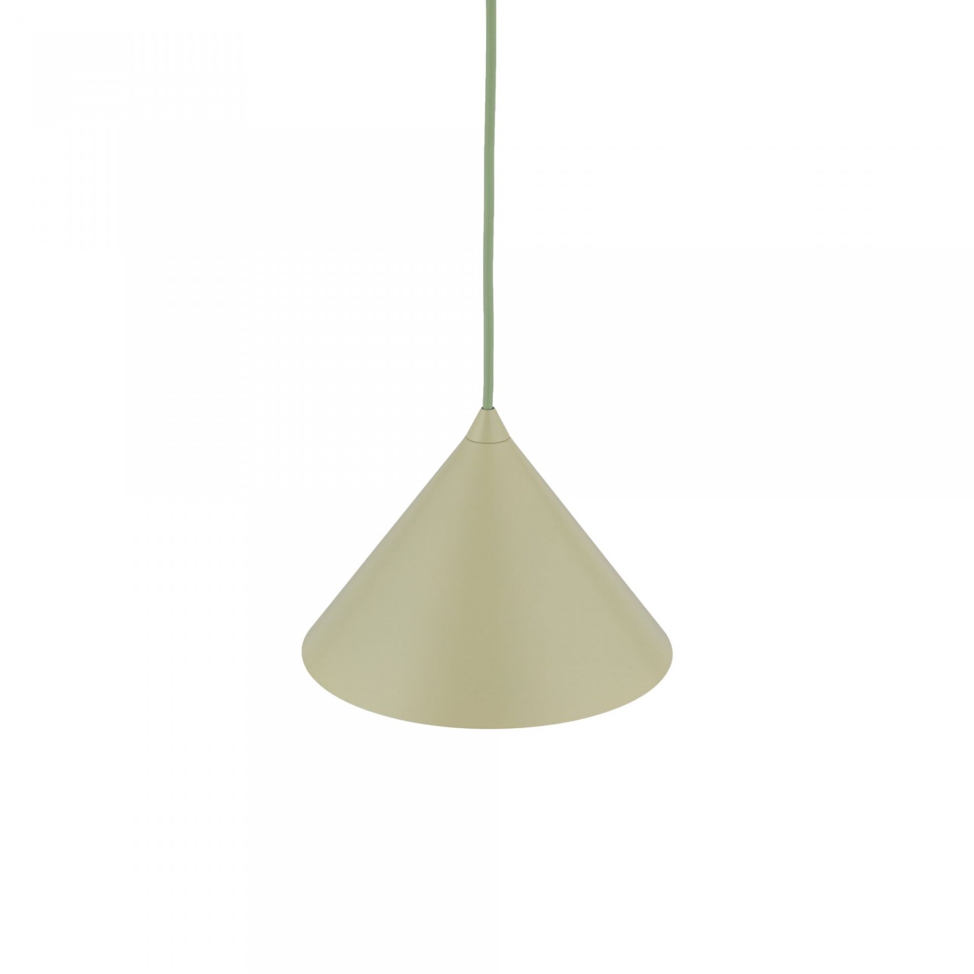 Lampa wisząca w kształcie stożka w kolorze pistacjowym, zawieszona na cienkim przewodzie. Wykonana z metalu, przeznaczona do montażu sufitowego.