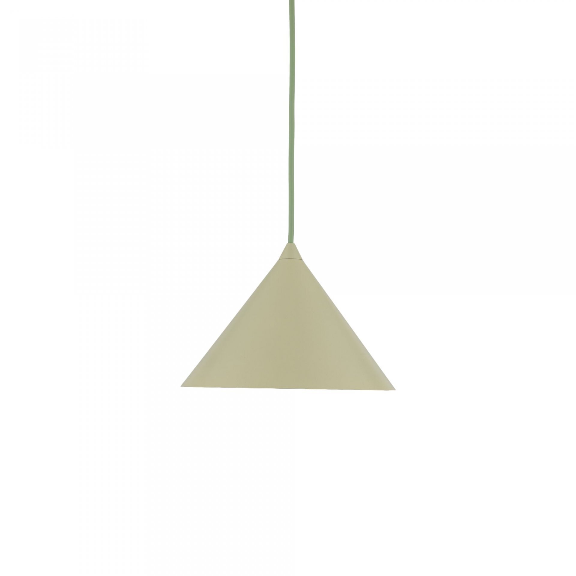 Na obrazie widoczna jest lampa wisząca w kształcie stożka, w kolorze pistacjowym. Lampa zawieszona jest na cienkim przewodzie w tym samym kolorze.