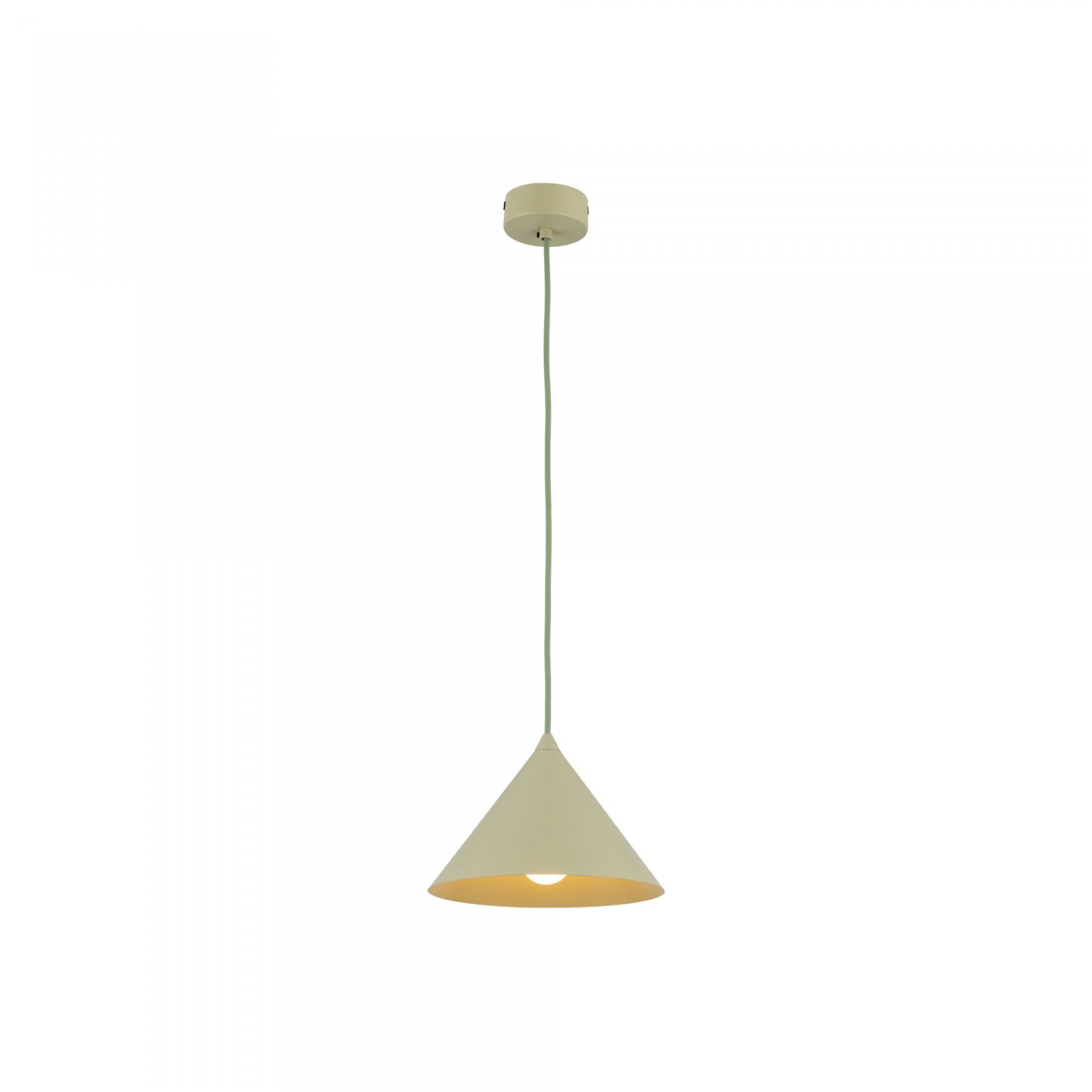 Lampa wisząca w kształcie stożka w kolorze pistacjowym, zawieszona na cienkim przewodzie. Górna część lampy to okrągła podsufitka w tym samym kolorze.