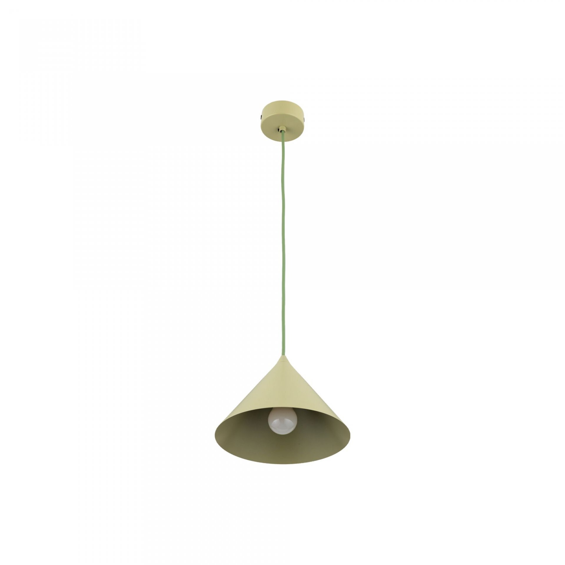 Lampa wisząca w kolorze pistacjowym z metalowym kloszem w kształcie stożka. Posiada zielony przewód i widoczną żarówkę wewnątrz klosza.