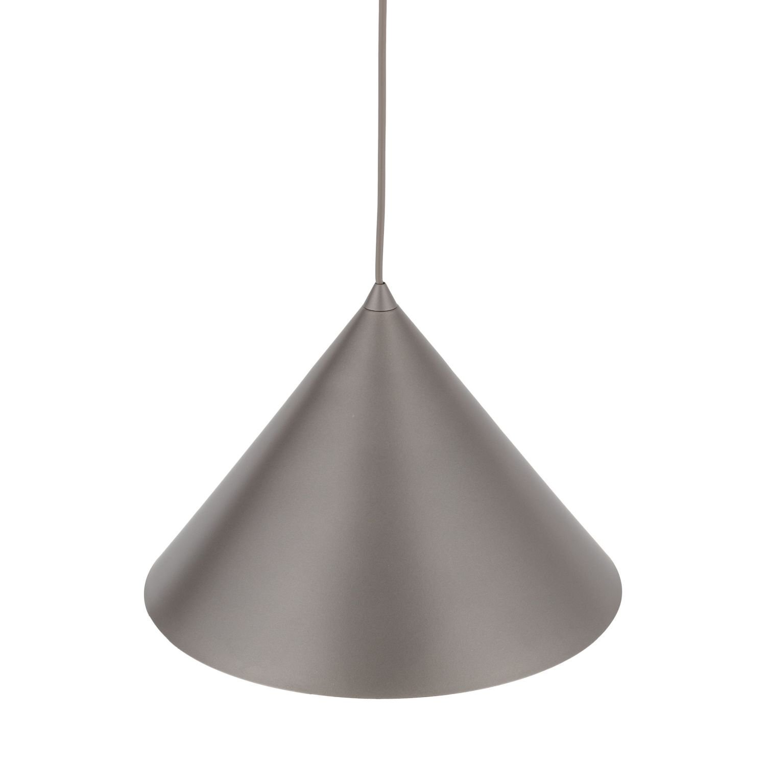Brązowa lampa wisząca o stożkowym kształcie, wykonana z metalu. Posiada przewód umożliwiający regulację wysokości.