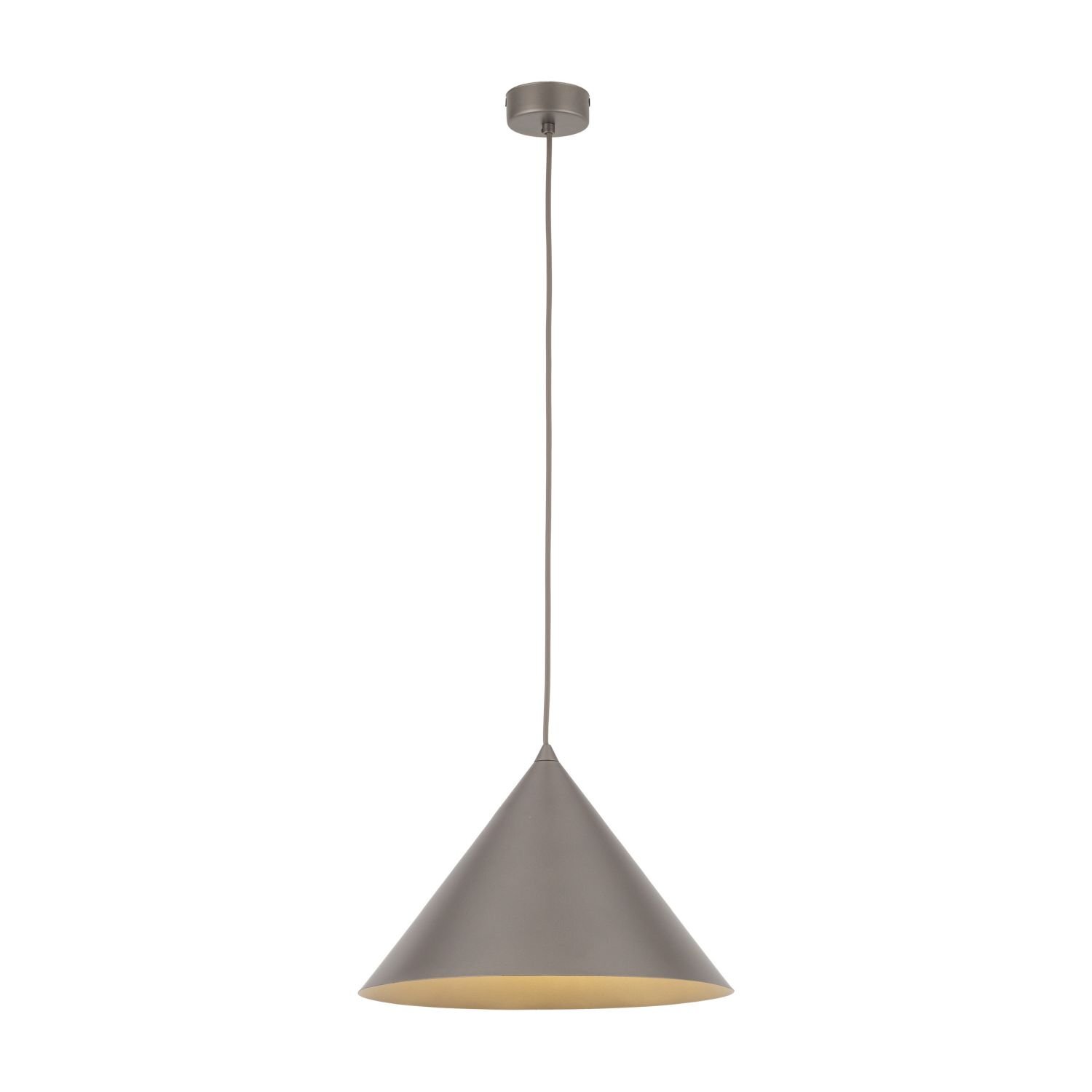 Na obrazie widoczna jest brązowa lampa wisząca o stożkowym kształcie, zawieszona na cienkim przewodzie. Lampa ma gładką powierzchnię i jest skierowana w dół.