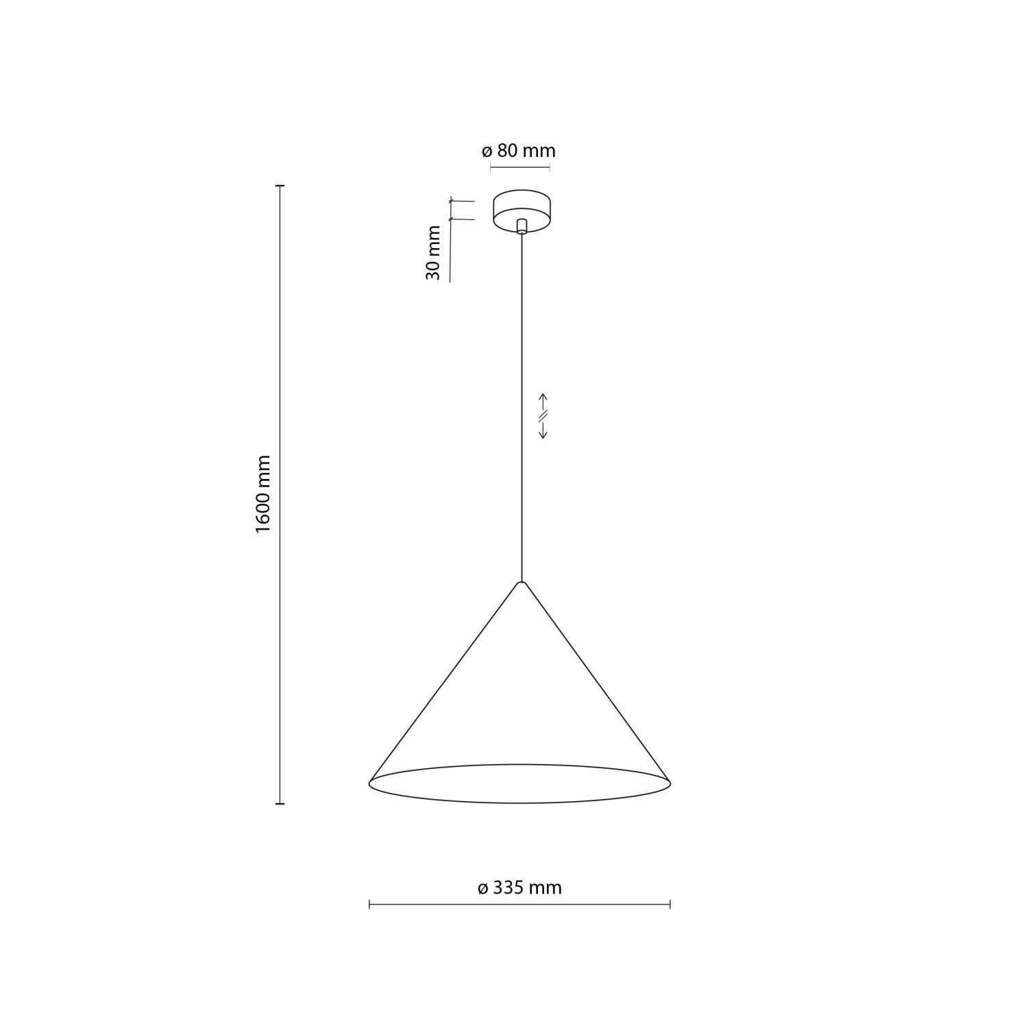 Schematyczny rysunek lampy wiszącej o stożkowym kształcie z wymiarami: wysokość 1600 mm, średnica klosza 335 mm, średnica mocowania 80 mm, wysokość mocowania 30 mm. Lampa posiada regulowaną wysokość zawieszenia.