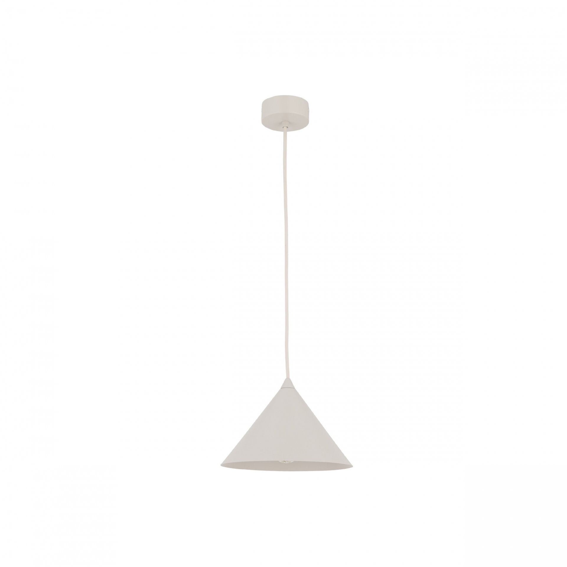 Na obrazie widoczna jest biała, stożkowa lampa wisząca z długim przewodem. Lampa ma prosty, nowoczesny design.