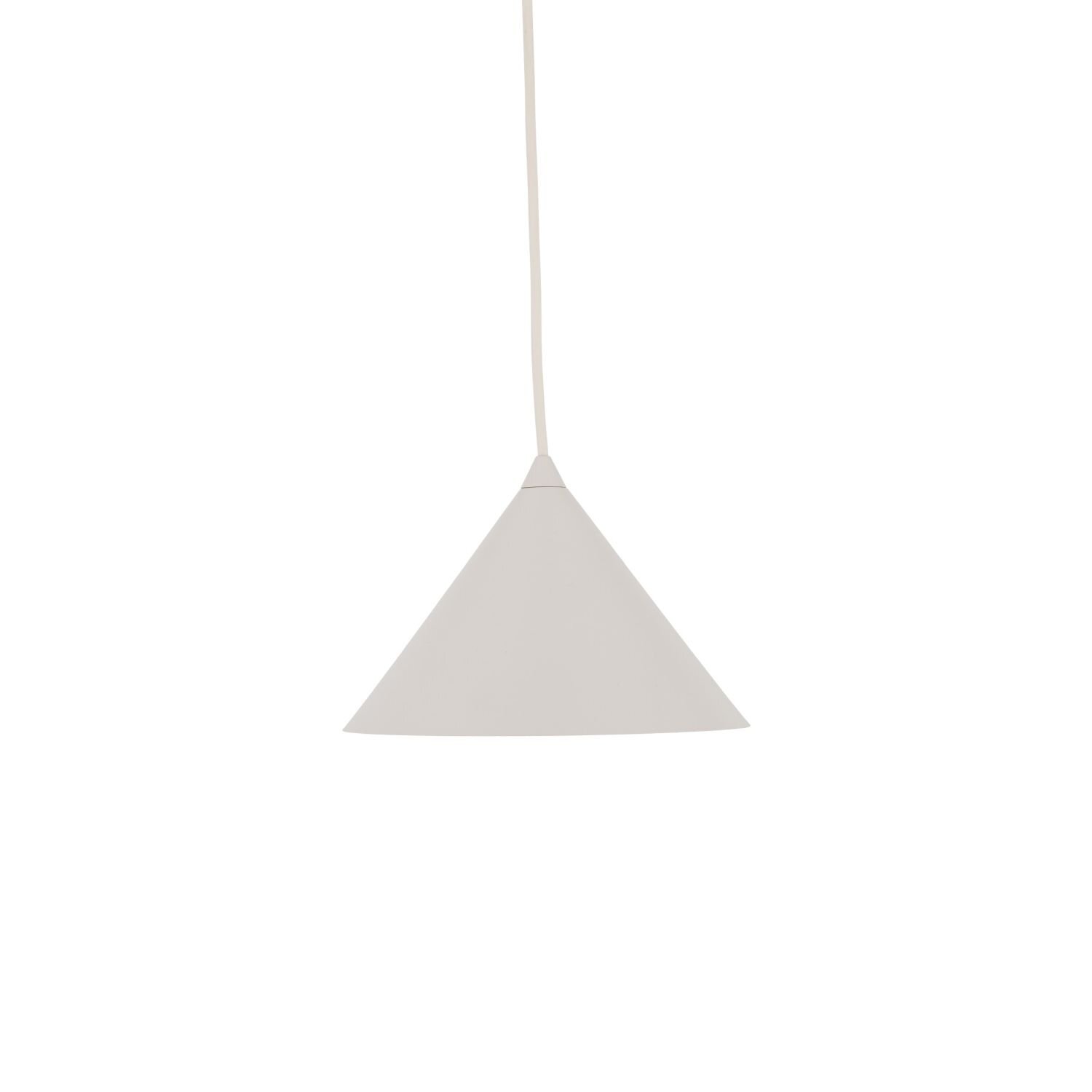 Na obrazie widoczna jest lampa wisząca o stożkowym kształcie w jasnym kolorze, zawieszona na cienkim przewodzie. Tło jest jednolite i białe.