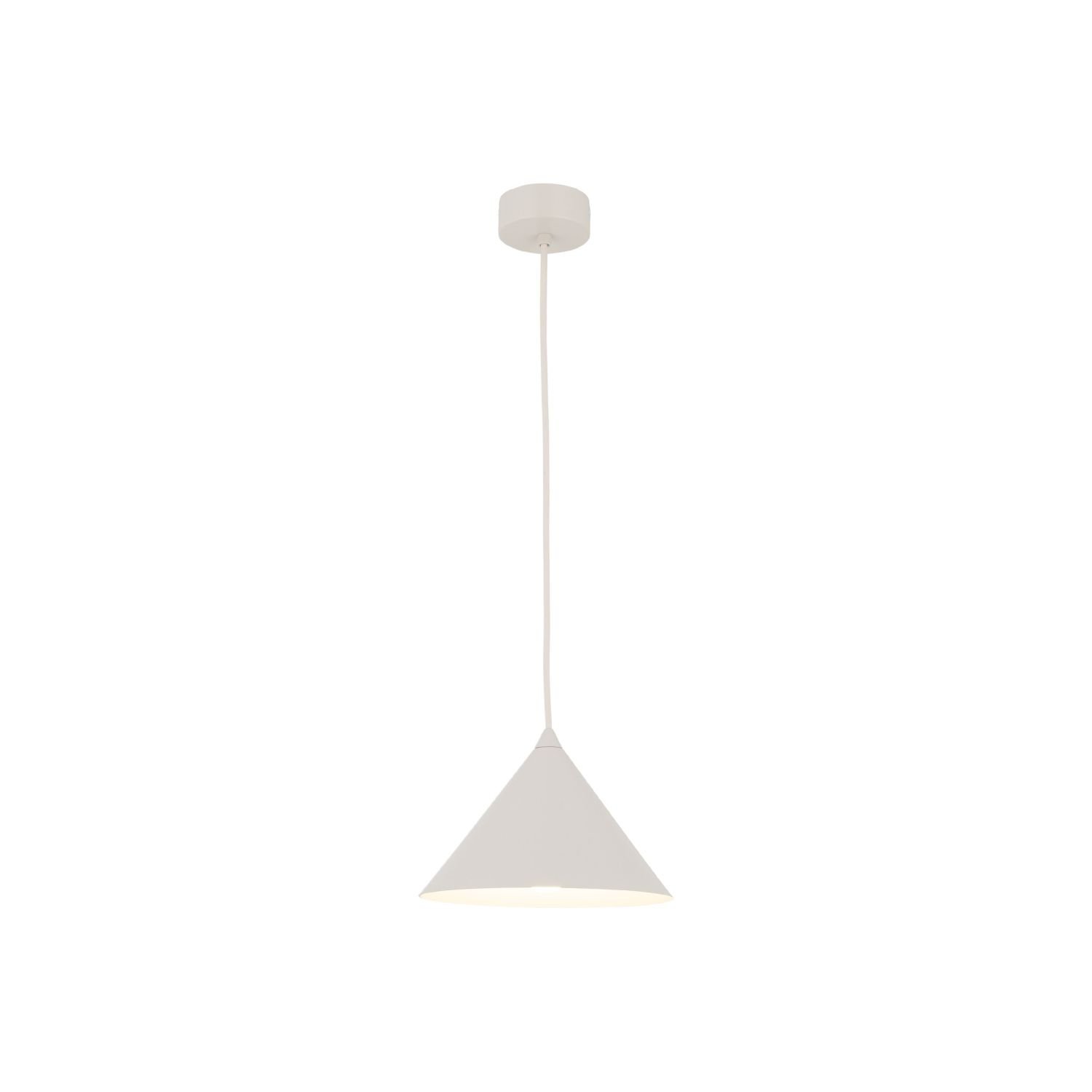Na obrazie widoczna jest biała, stożkowa lampa wisząca z regulowanym przewodem. Lampa ma prosty, nowoczesny design.