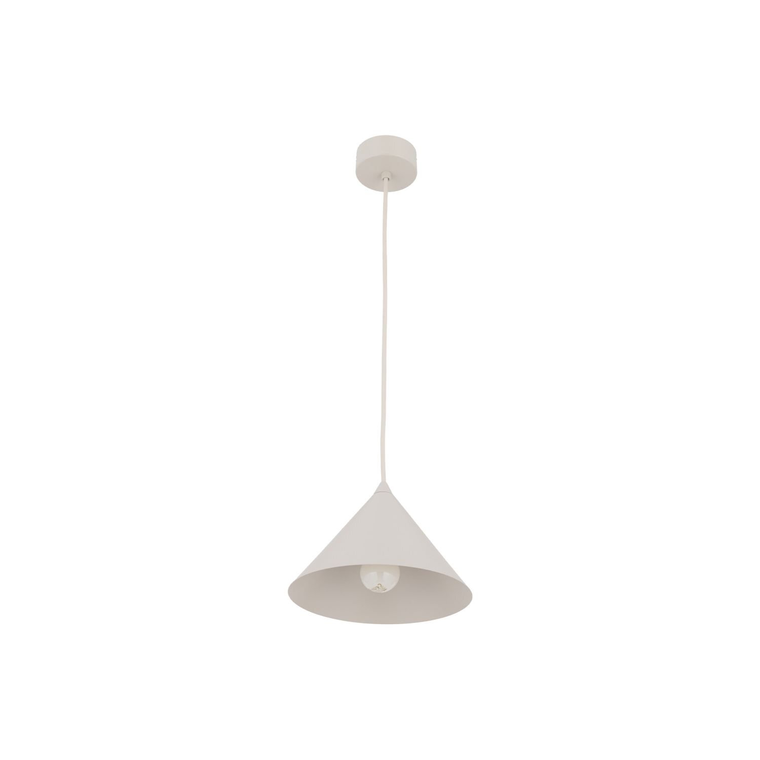 Na obrazie widoczna jest biała, stożkowa lampa wisząca z pojedynczym źródłem światła. Lampa jest zawieszona na cienkim przewodzie, który łączy się z okrągłą podsufitką.