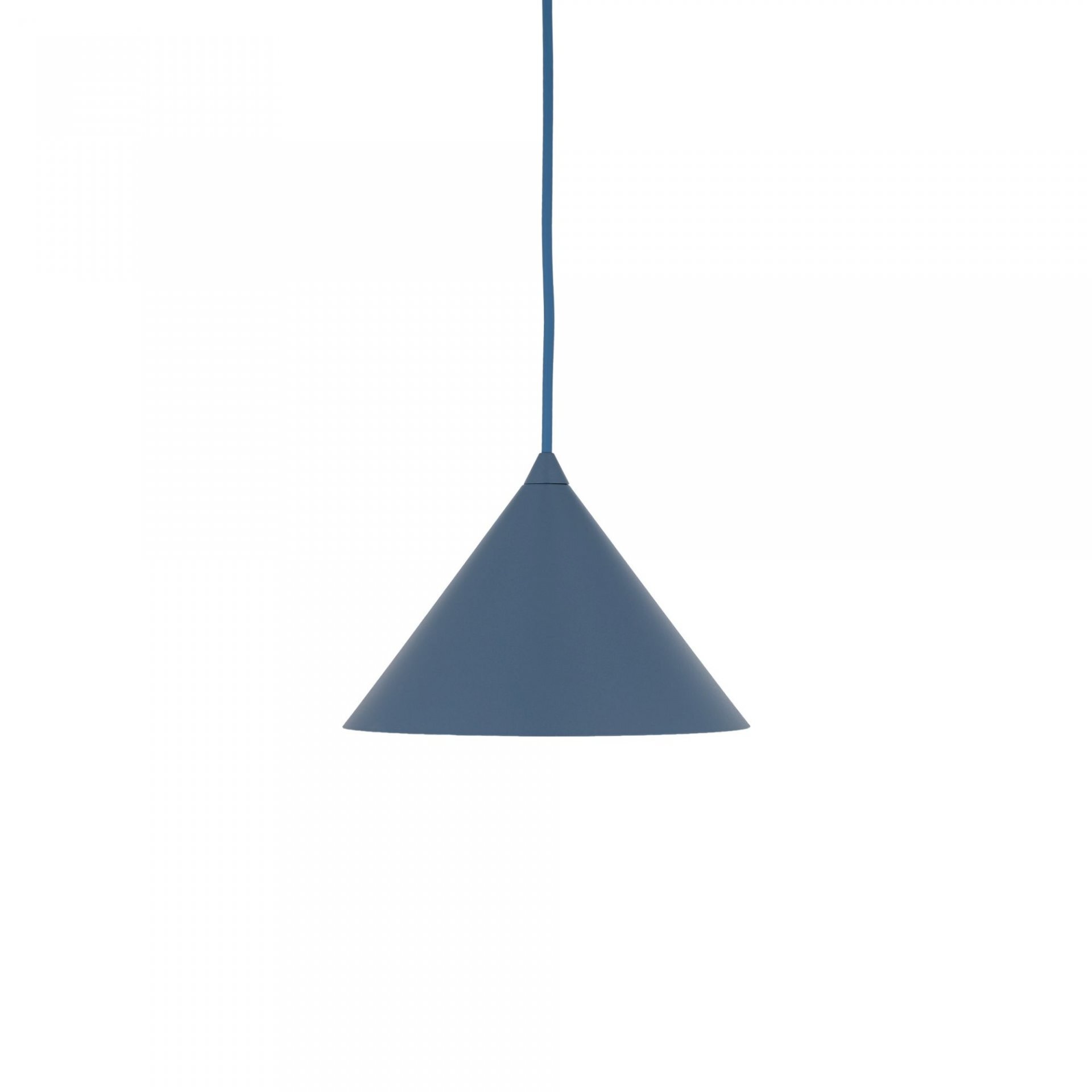 Lampa wisząca w kształcie stożka, w kolorze granatowym, z regulowanym przewodem. Wykonana z metalu, przeznaczona na żarówkę E27.