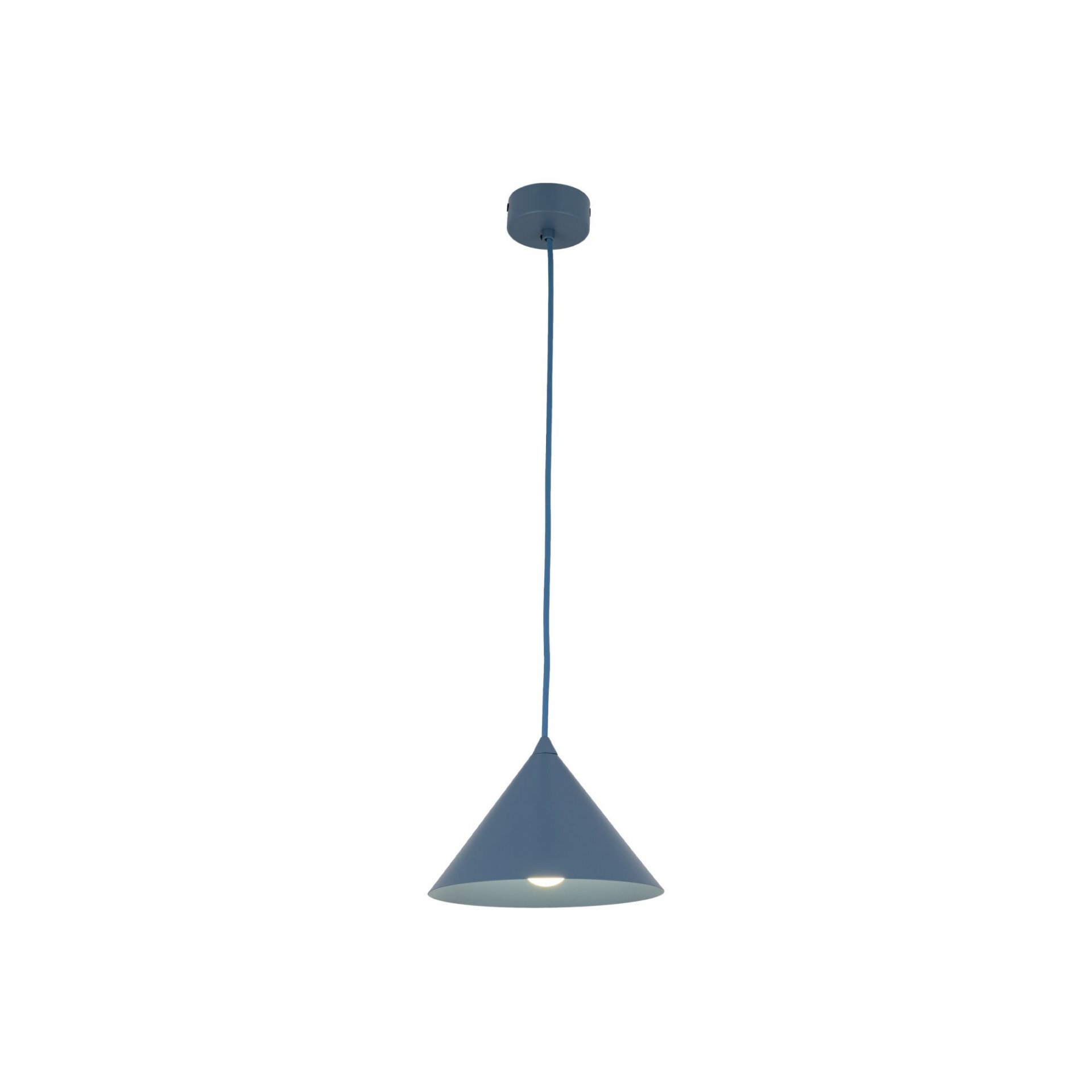 Na obrazie widoczna jest granatowa lampa wisząca o stożkowym kształcie, z regulowanym przewodem. Lampa emituje światło z dolnej części klosza.
