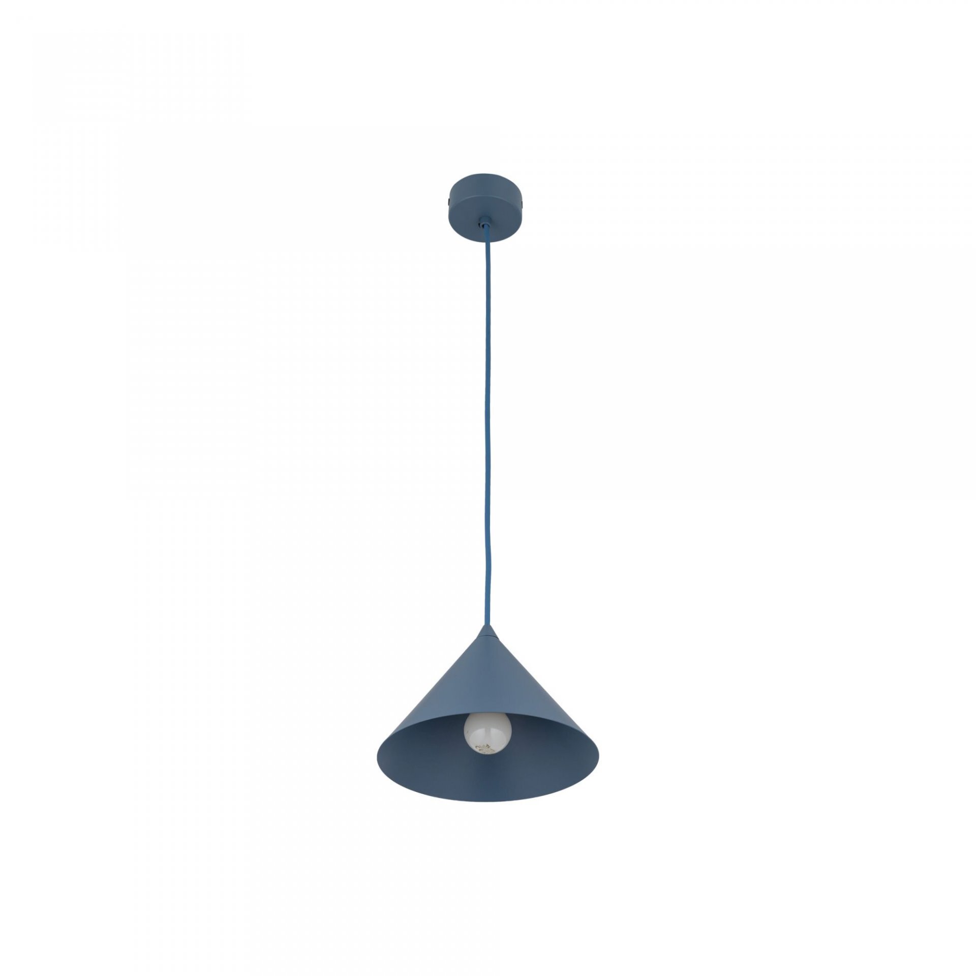 Na obrazie widoczna jest granatowa lampa wisząca o stożkowym kształcie z białą żarówką wewnątrz. Lampa jest zawieszona na cienkim przewodzie, który prowadzi do okrągłej podsufitki.
