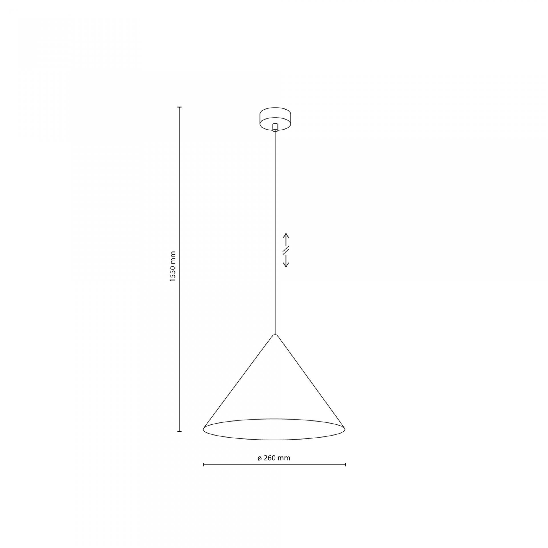 Schematyczny rysunek lampy wiszącej w kształcie stożka z regulowaną wysokością. Wymiary: wysokość 1550 mm, średnica 260 mm.