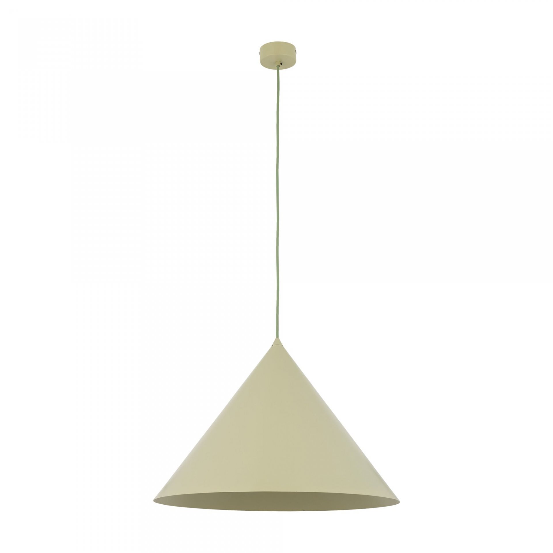 Na obrazie widoczna jest lampa wisząca w kształcie stożka, w kolorze pistacjowym. Lampa jest zawieszona na cienkim przewodzie, który prowadzi do okrągłej podsufitki.