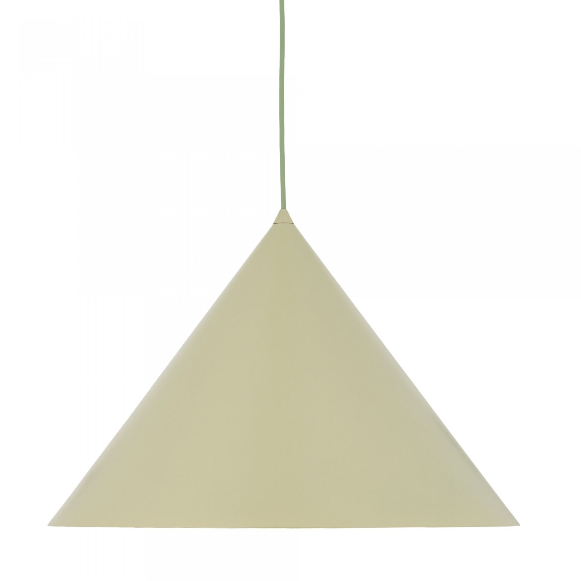 Lampa wisząca w kształcie stożka w kolorze pistacjowym, zawieszona na cienkim kablu. Wykonana z lakierowanej stali.