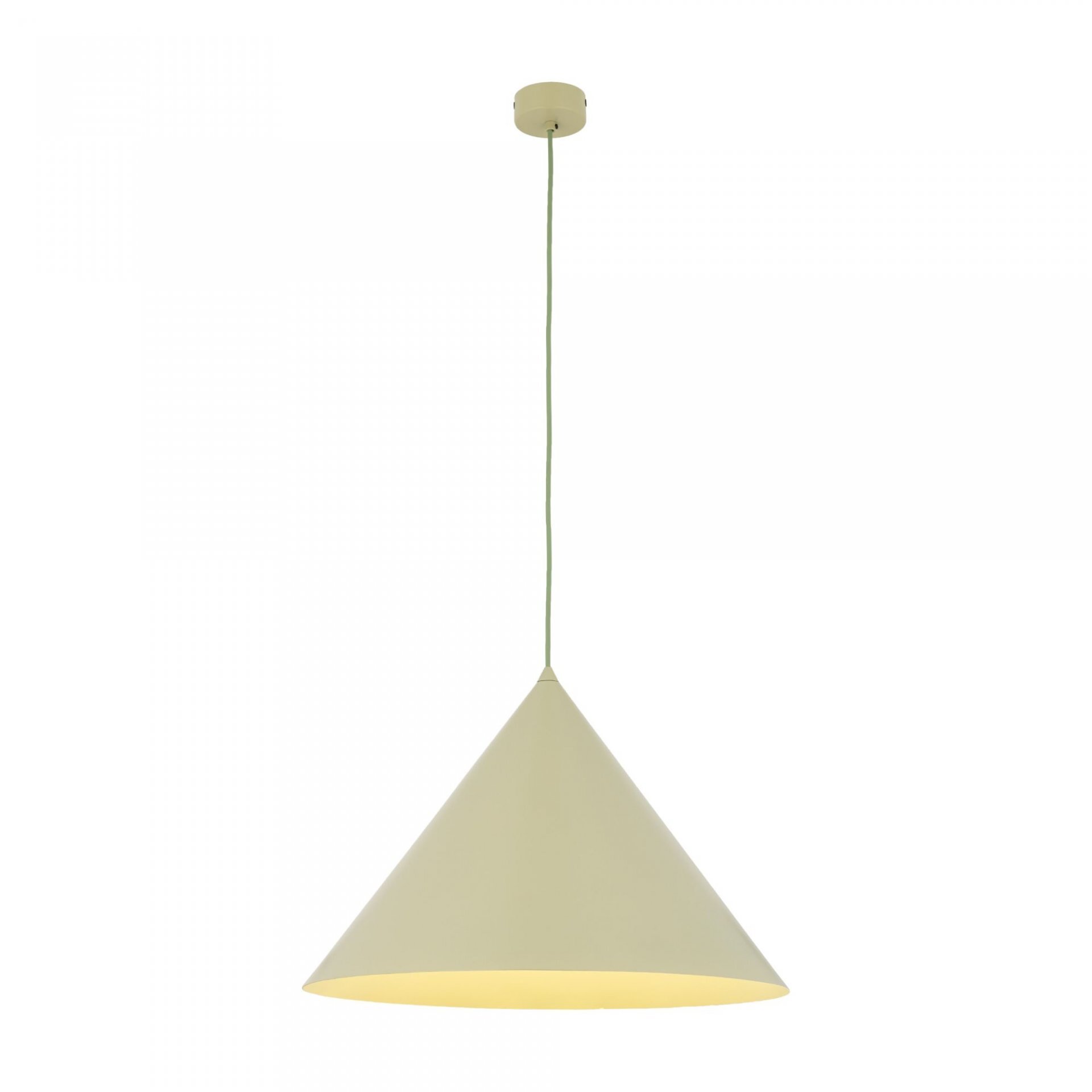Lampa wisząca w kształcie stożka, w kolorze pistacjowym, zawieszona na cienkim przewodzie. Górna część lampy przymocowana jest do okrągłej podsufitki.