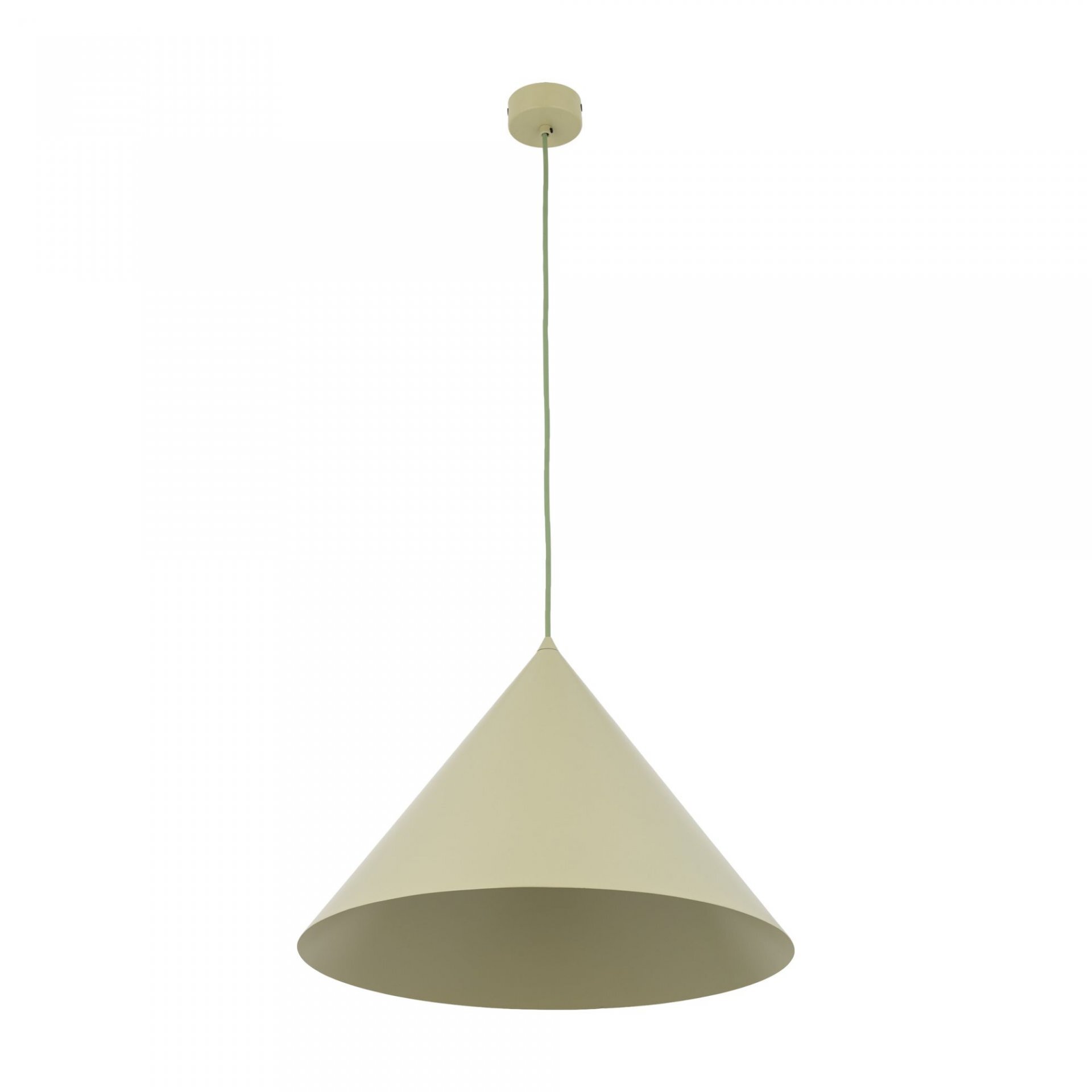 Lampa wisząca w kształcie stożka w kolorze pistacjowym, zawieszona na cienkim przewodzie. Element mocujący do sufitu jest okrągły i w tym samym kolorze co lampa.