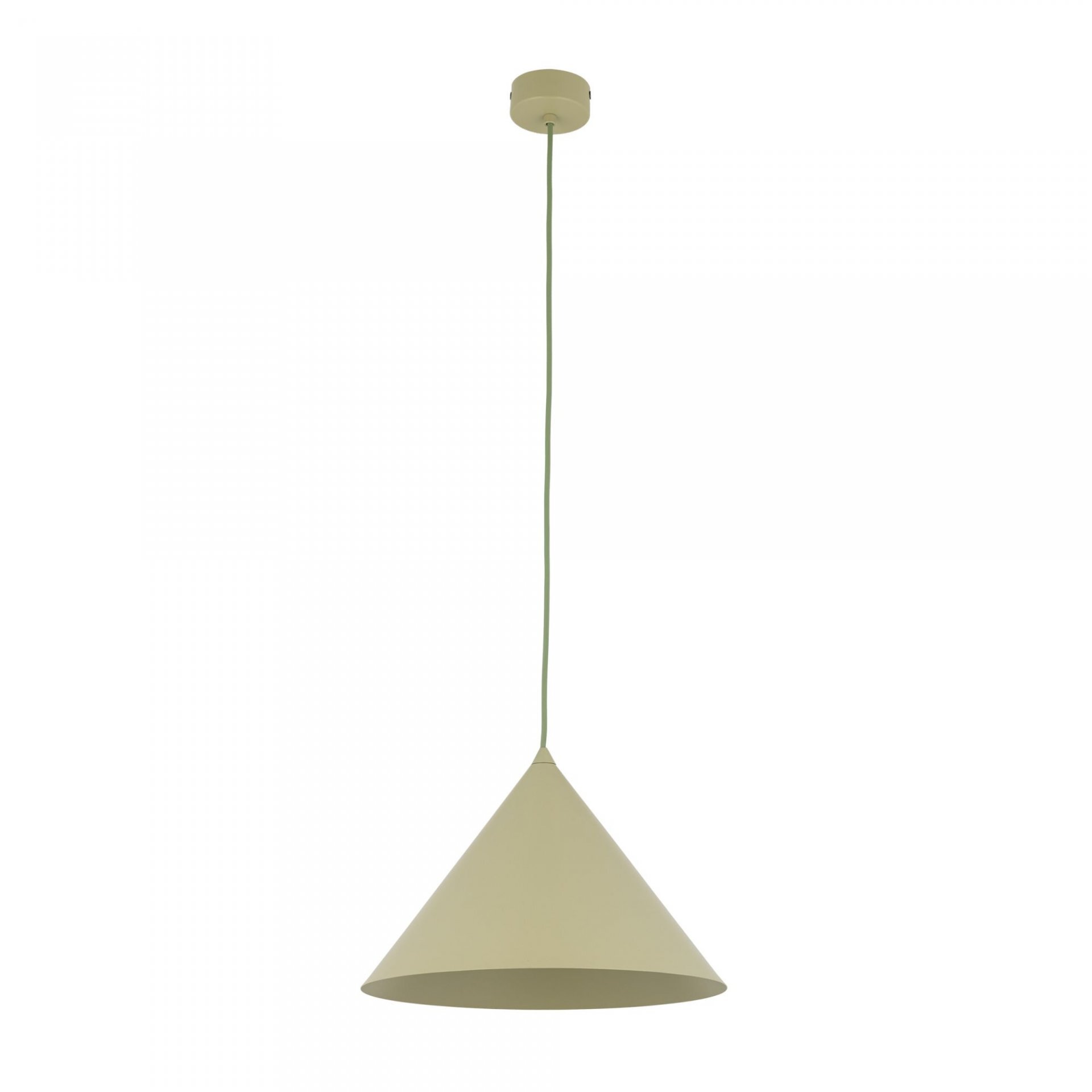 Lampa wisząca w kształcie stożka, w kolorze pistacjowym, z długim przewodem i okrągłą podsufitką. Wykonana z lakierowanej stali.