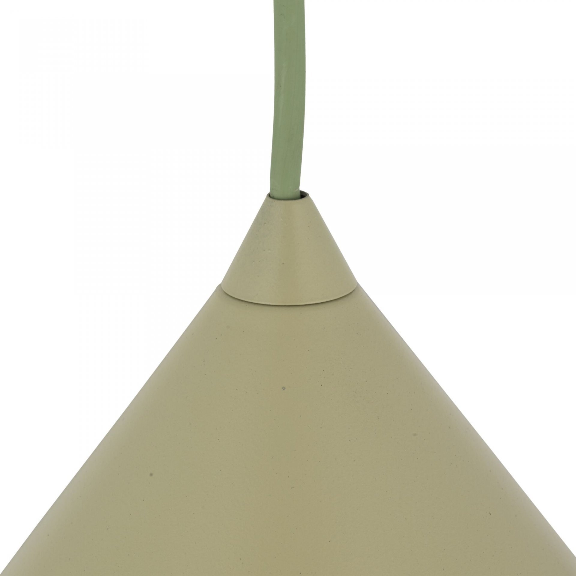 Zdjęcie przedstawia górną część lampy wiszącej w kolorze pistacjowym, z widocznym przewodem w tym samym odcieniu. Lampa ma stożkowy kształt i wykonana jest z lakierowanej stali.