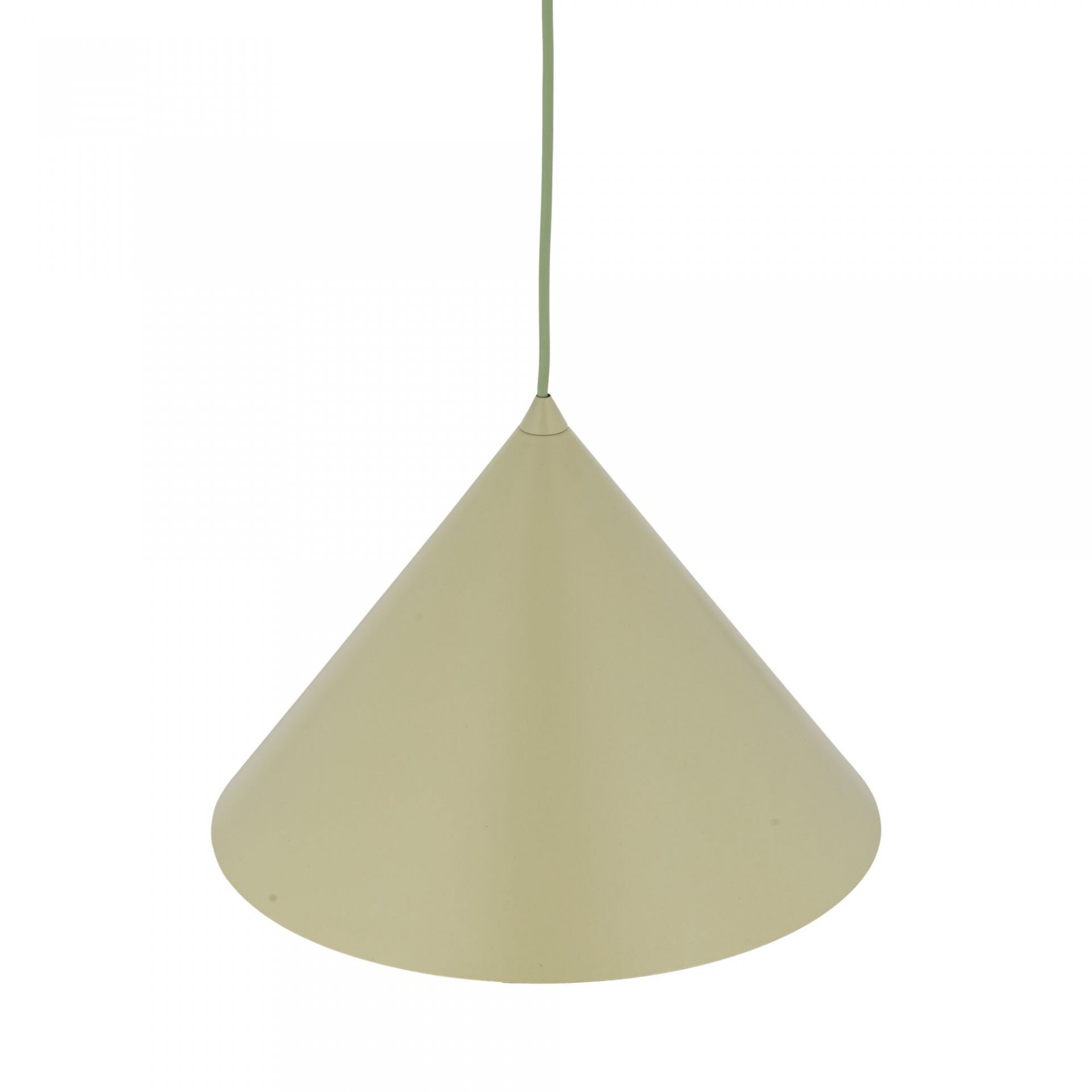 Lampa wisząca w kształcie stożka w kolorze pistacjowym, zawieszona na cienkim przewodzie. Wykonana z lakierowanej stali.