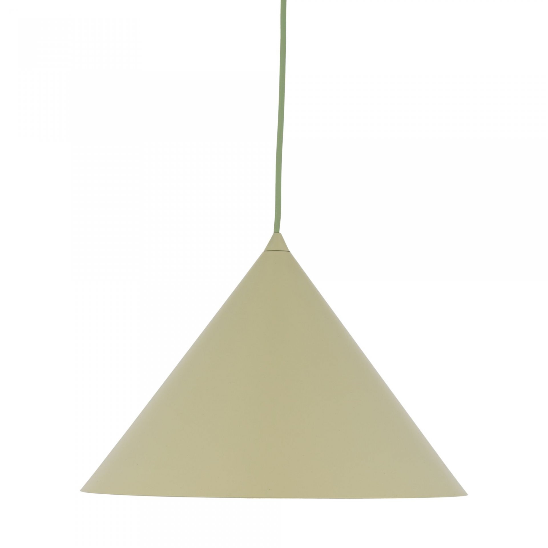 Lampa wisząca w kształcie stożka, w kolorze pistacjowym, z długim przewodem. Wykonana z lakierowanej stali.