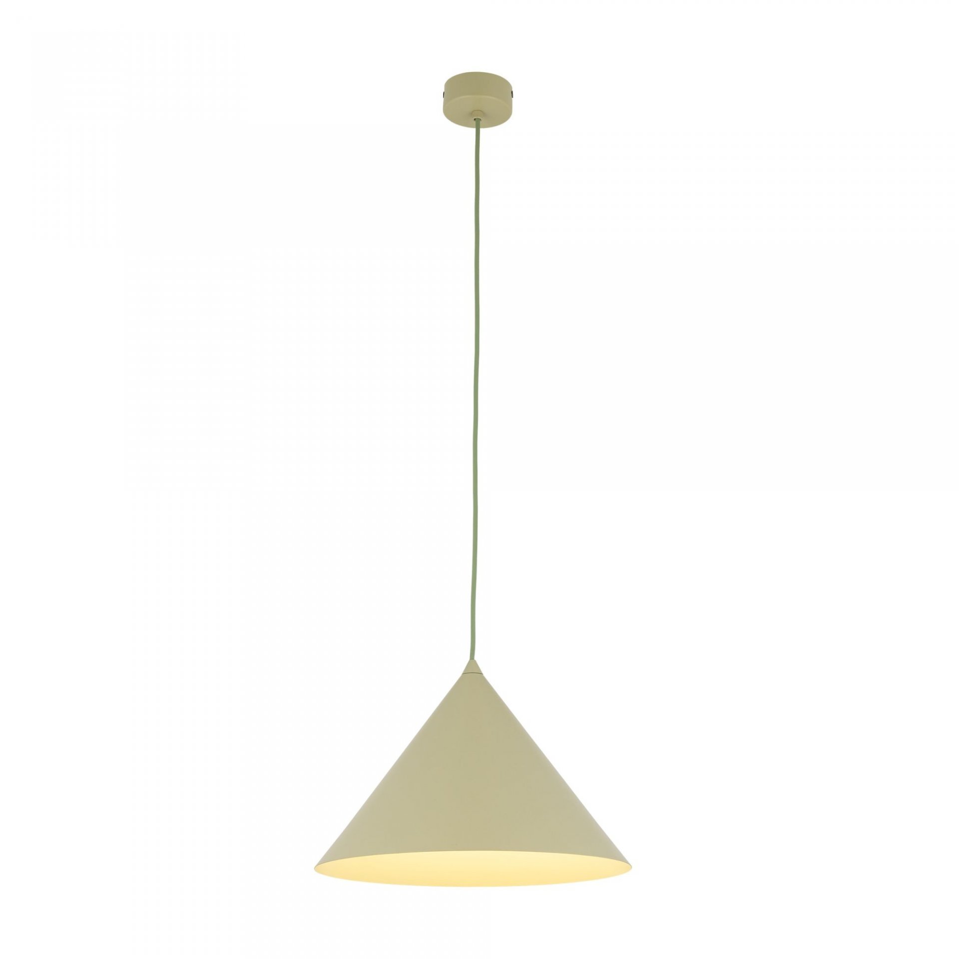 Lampa wisząca w kształcie stożka, w kolorze pistacjowym, z długim przewodem i okrągłą podsufitką. Wykonana z lakierowanej stali, z możliwością regulacji wysokości.