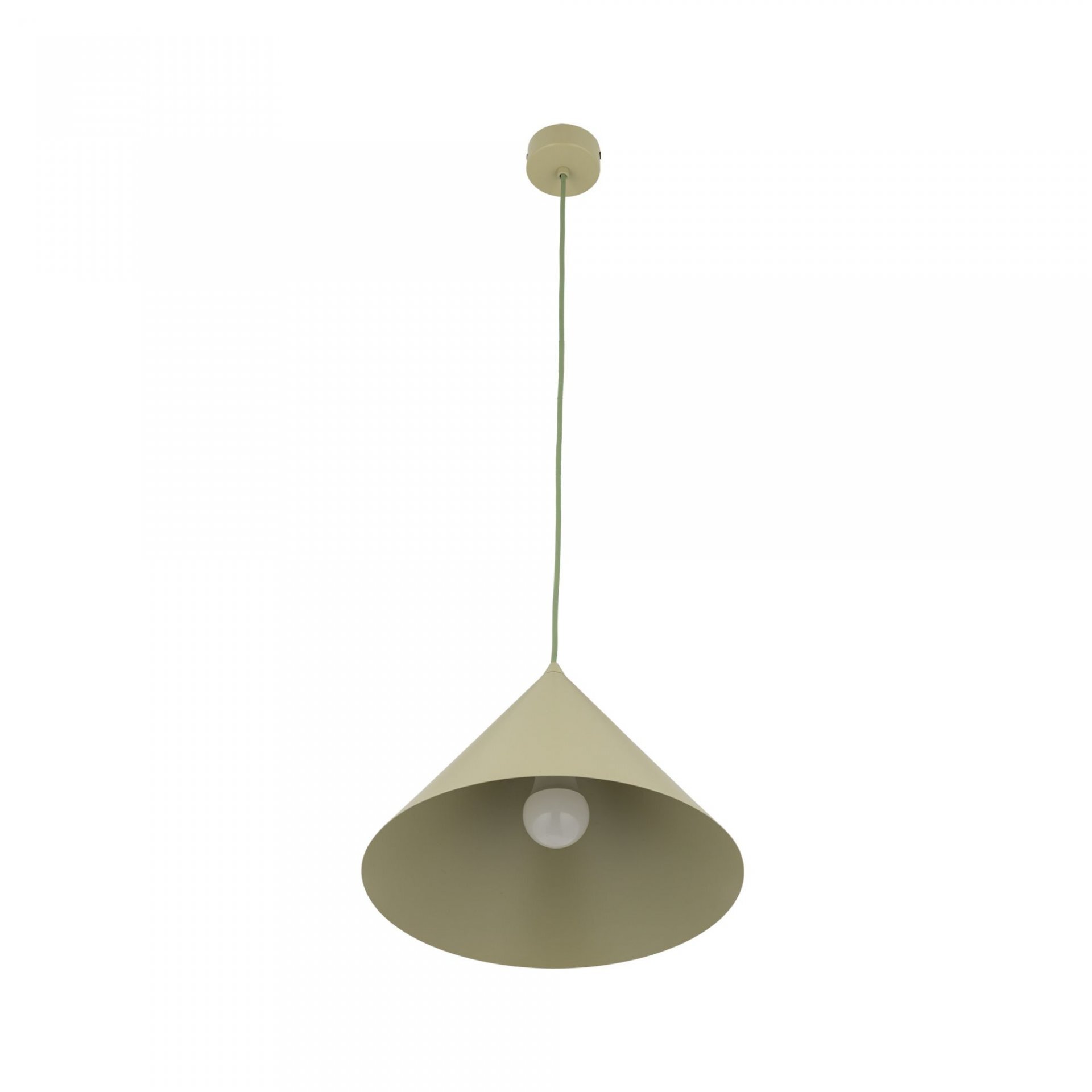 Lampa wisząca w kształcie stożka, w kolorze pistacjowym, z widoczną żarówką wewnątrz. Posiada regulowany przewód i okrągłą podsufitkę.