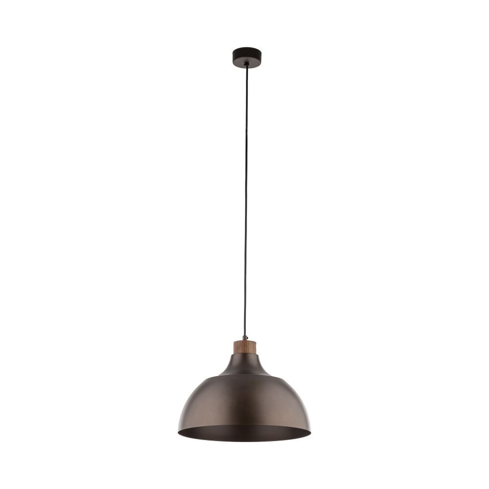Lampa wisząca o brązowym kloszu z drewnianym elementem, zawieszona na długim czarnym przewodzie. Klosz ma kształt półkuli i jest wykonany z metalu.