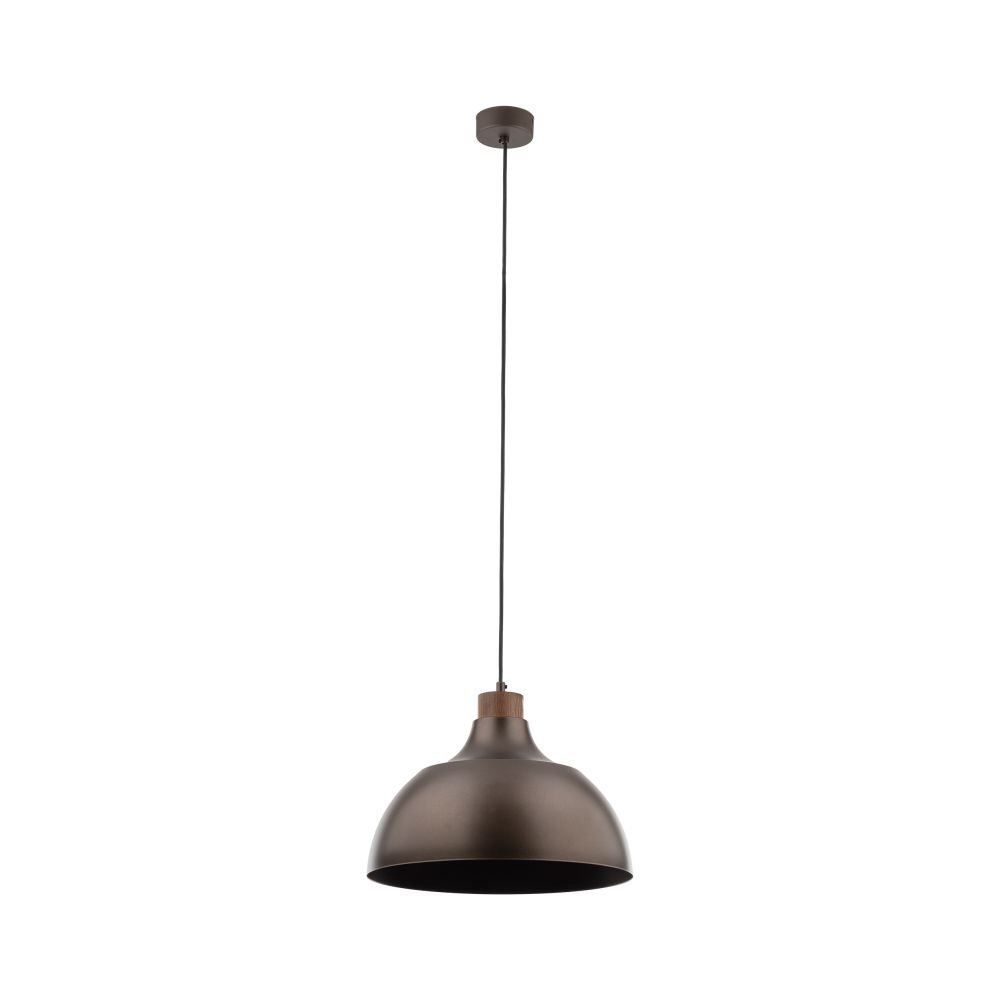 Brązowa lampa wisząca z metalowym kloszem i regulowanym przewodem. Klosz ma kształt półkuli, a całość jest zawieszona na cienkim czarnym kablu.