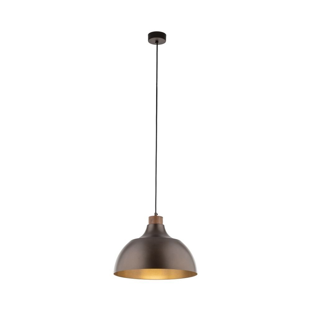 Lampa wisząca w kolorze brązowym z drewnianym elementem, zawieszona na długim przewodzie. Klosz ma kształt półkuli z jasnym wnętrzem.