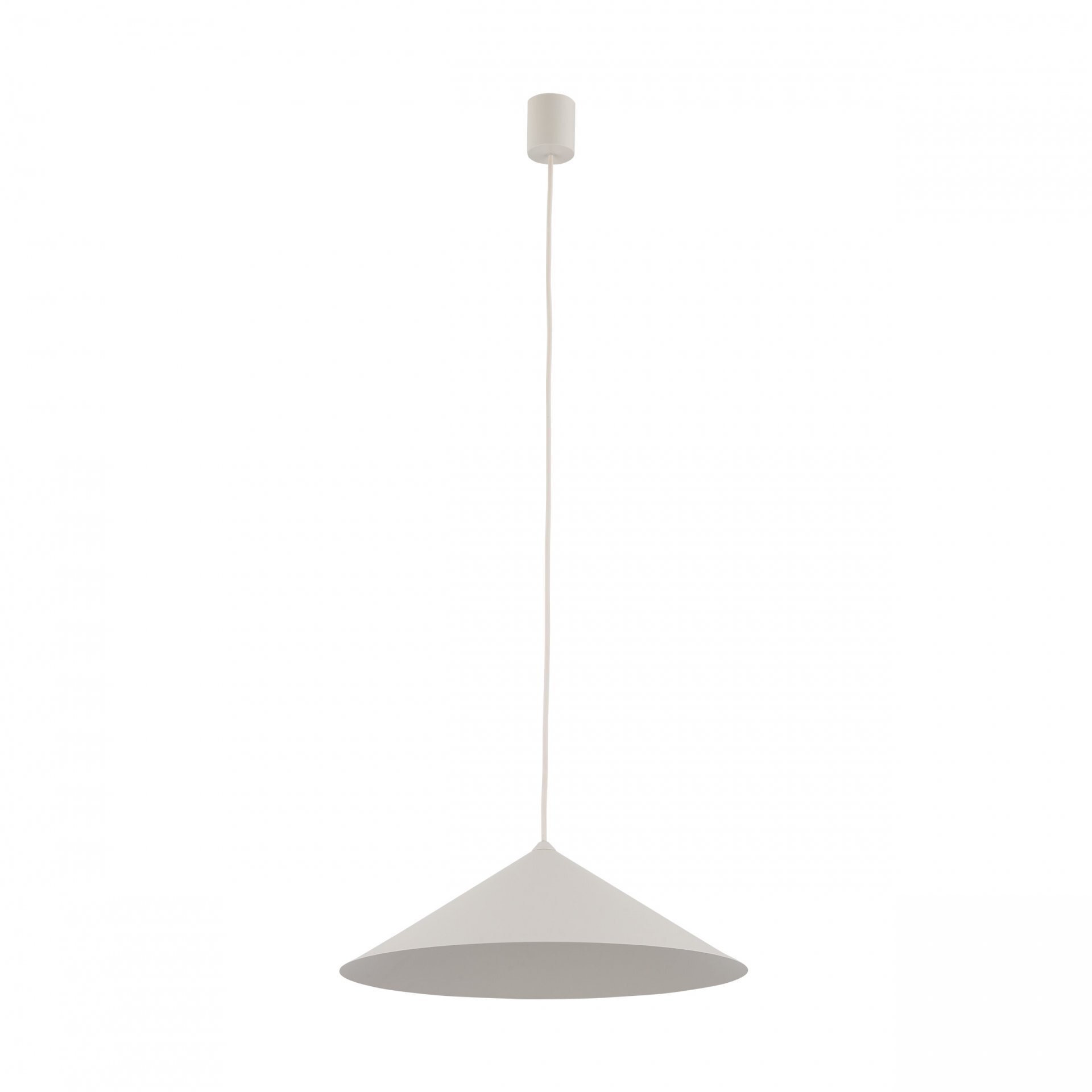 Na obrazie widoczna jest nowoczesna lampa wisząca o stożkowym kształcie w jasnym kolorze, zawieszona na cienkim przewodzie. Lampa ma prosty, minimalistyczny design.