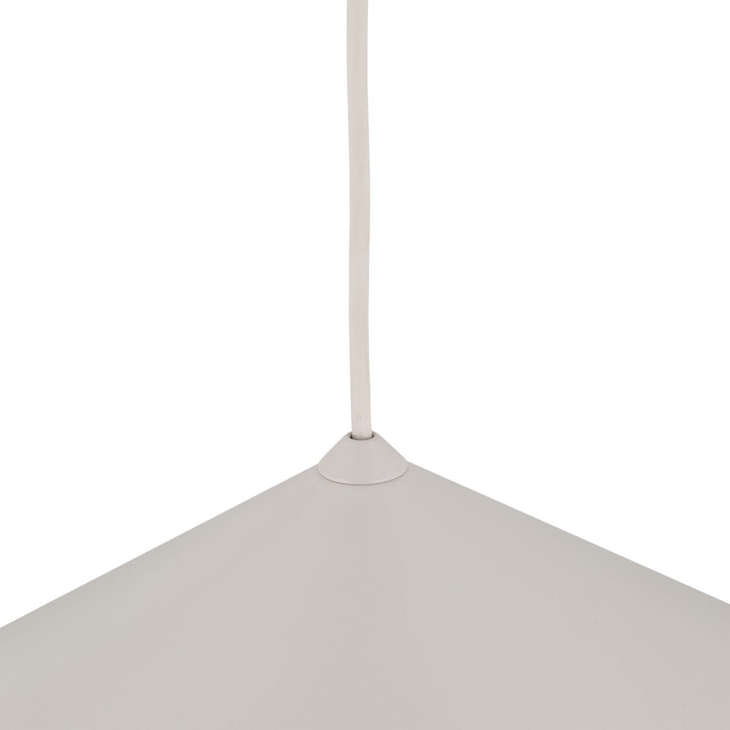 Zdjęcie przedstawia górną część lampy wiszącej w kolorze jasnym, z widocznym przewodem wychodzącym z centralnego punktu. Lampa ma gładką powierzchnię i stożkowaty kształt.
