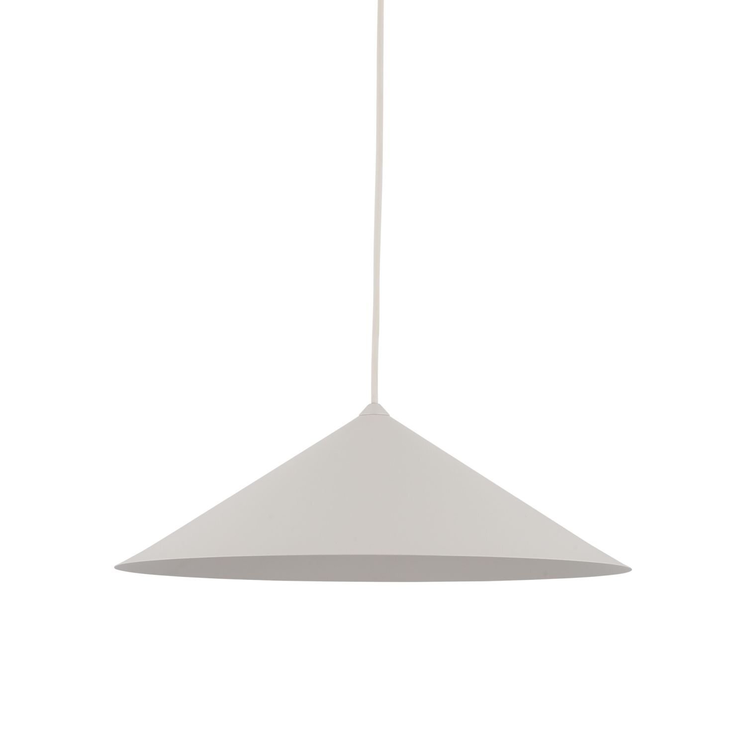 Na obrazie widoczna jest lampa wisząca o stożkowym kloszu w jasnym kolorze, zawieszona na cienkim przewodzie. Lampa ma nowoczesny design i gładką powierzchnię.