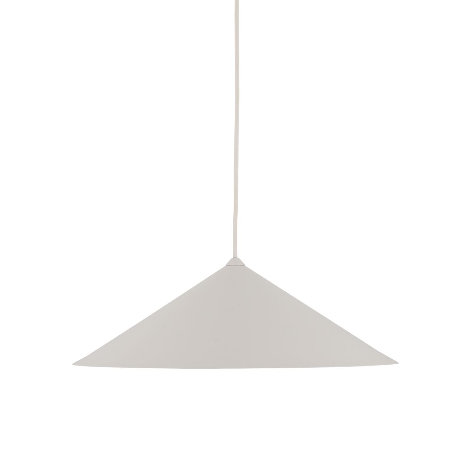 Na obrazie widoczna jest lampa wisząca o stożkowym kloszu w jasnym kolorze, zawieszona na cienkim przewodzie. Lampa ma nowoczesny design i prostą formę.